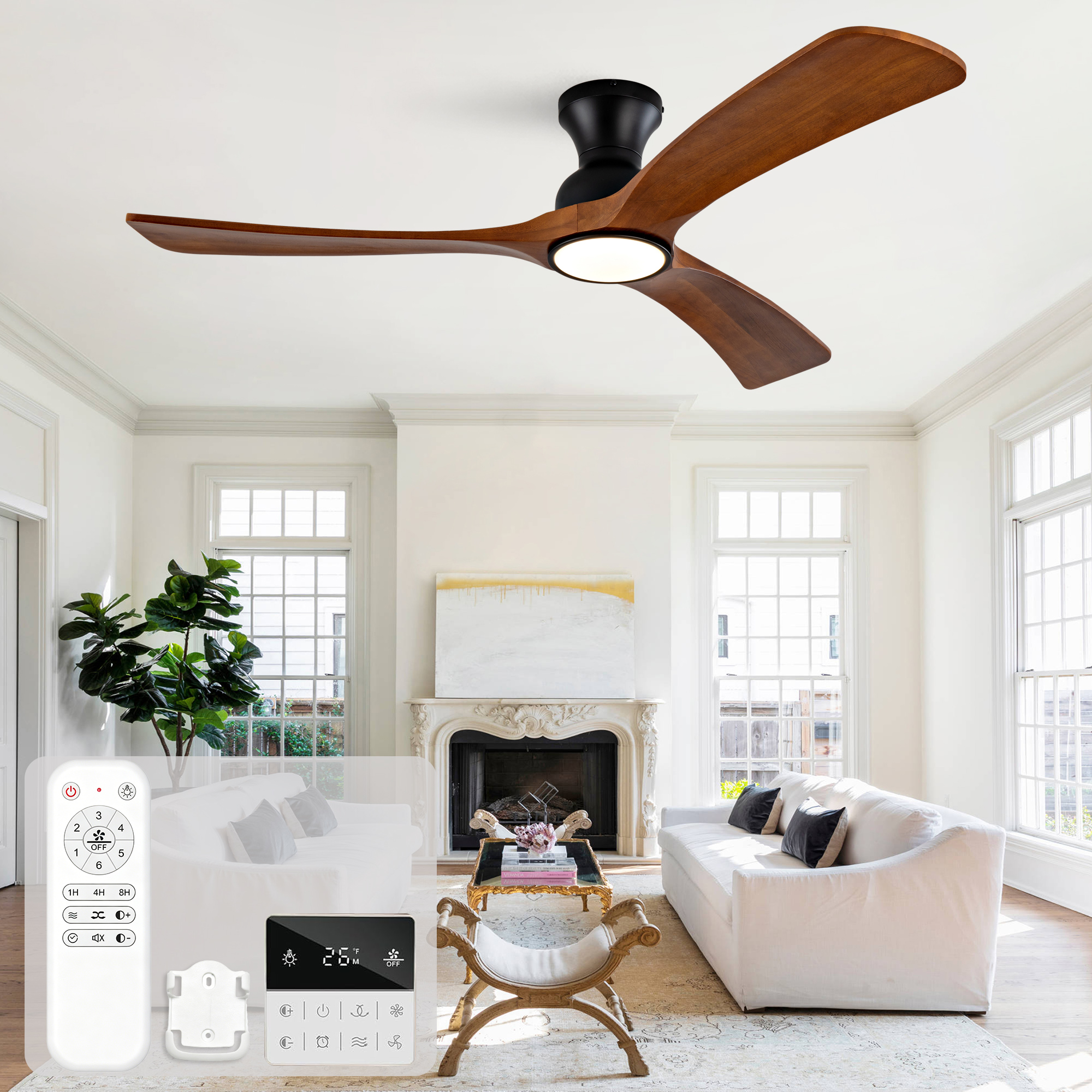 Deckenventilator 52 Zoll Nussbaum Dunkel Mit Dimmbarem Led-licht, Massivholzflügeln, Leisem Dc-motor Und Fernbedienung