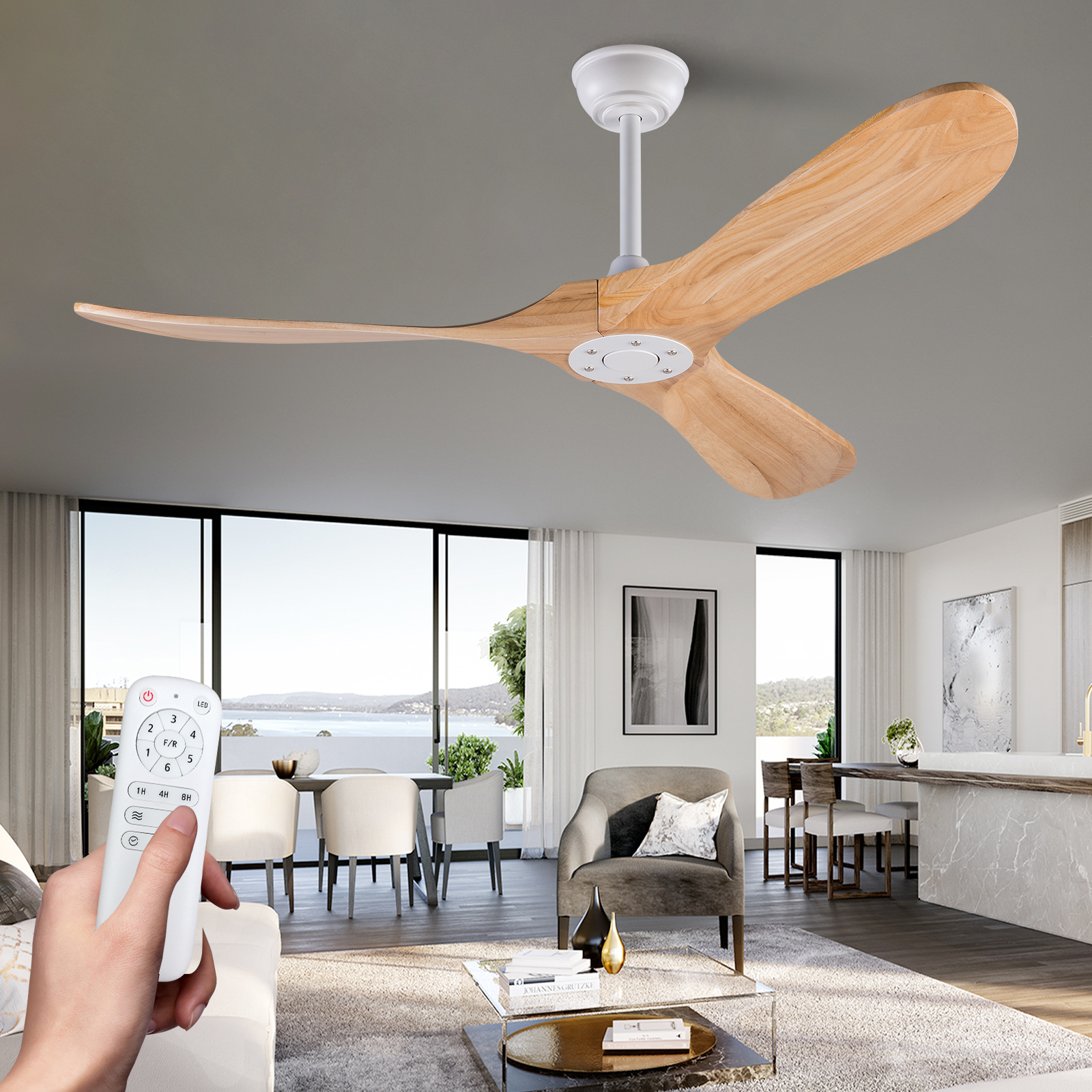 Deckenventilator 52 Zoll Holz Ohne Licht, Propeller-design, Leiser Dc-motor Und Fernbedienung Für Wohnraum Und Terrasse