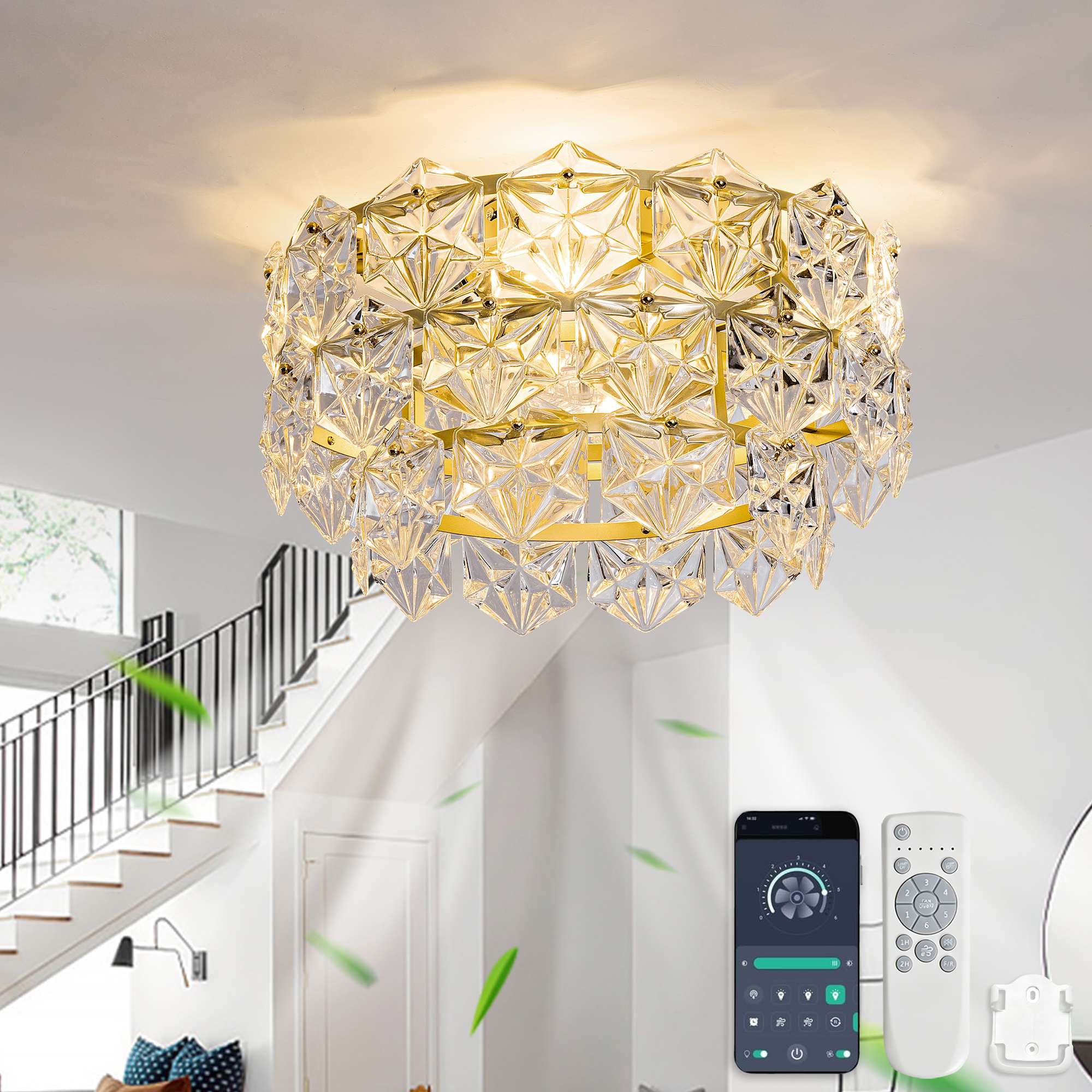 Kristall-deckenventilator 19 Zoll In Gold Mit Licht, Leisem Dc-motor, Fernbedienung Und App, 6 Stufen, Reversibel