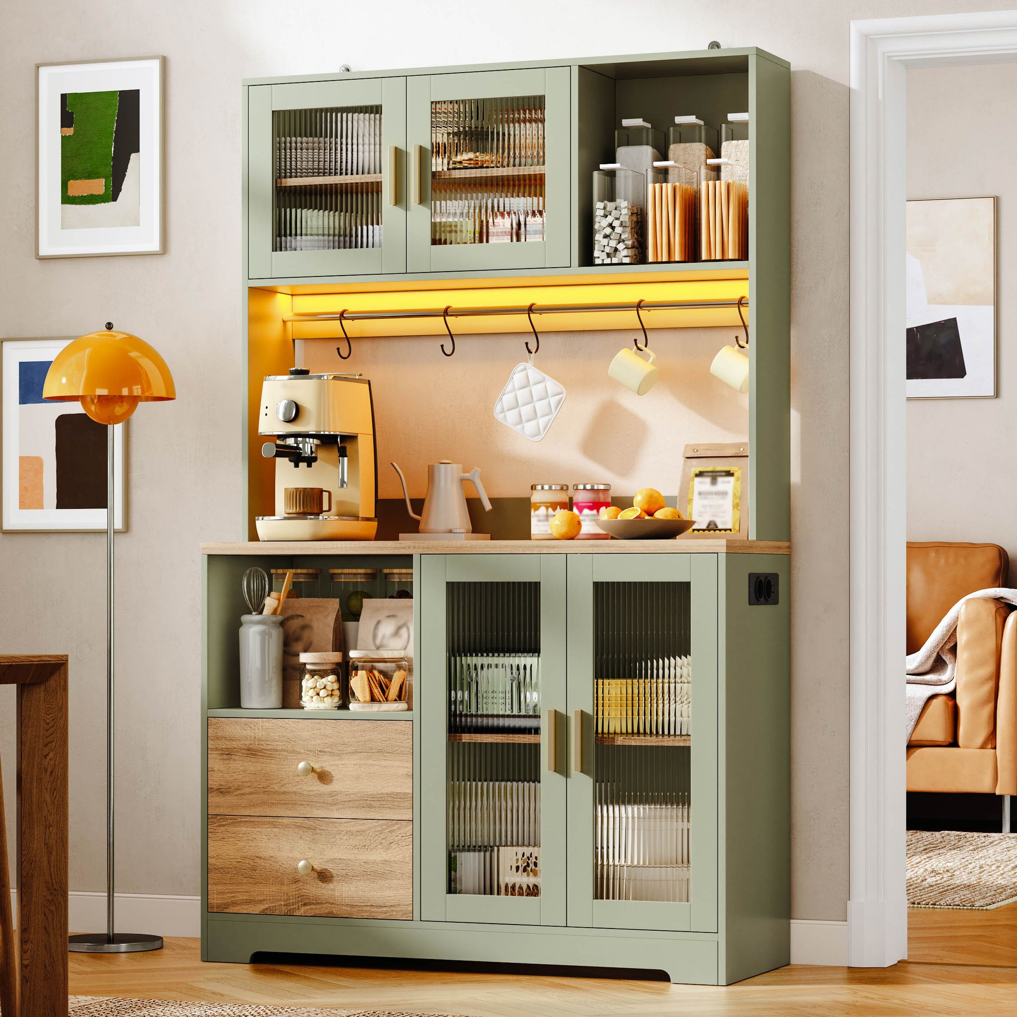 Küchenschrank Steckdosen Weinregal Glastüren Vitrine Grün, Gehärtetes Glas, Led-beleuchtung, Holzoptik, 178 Cm