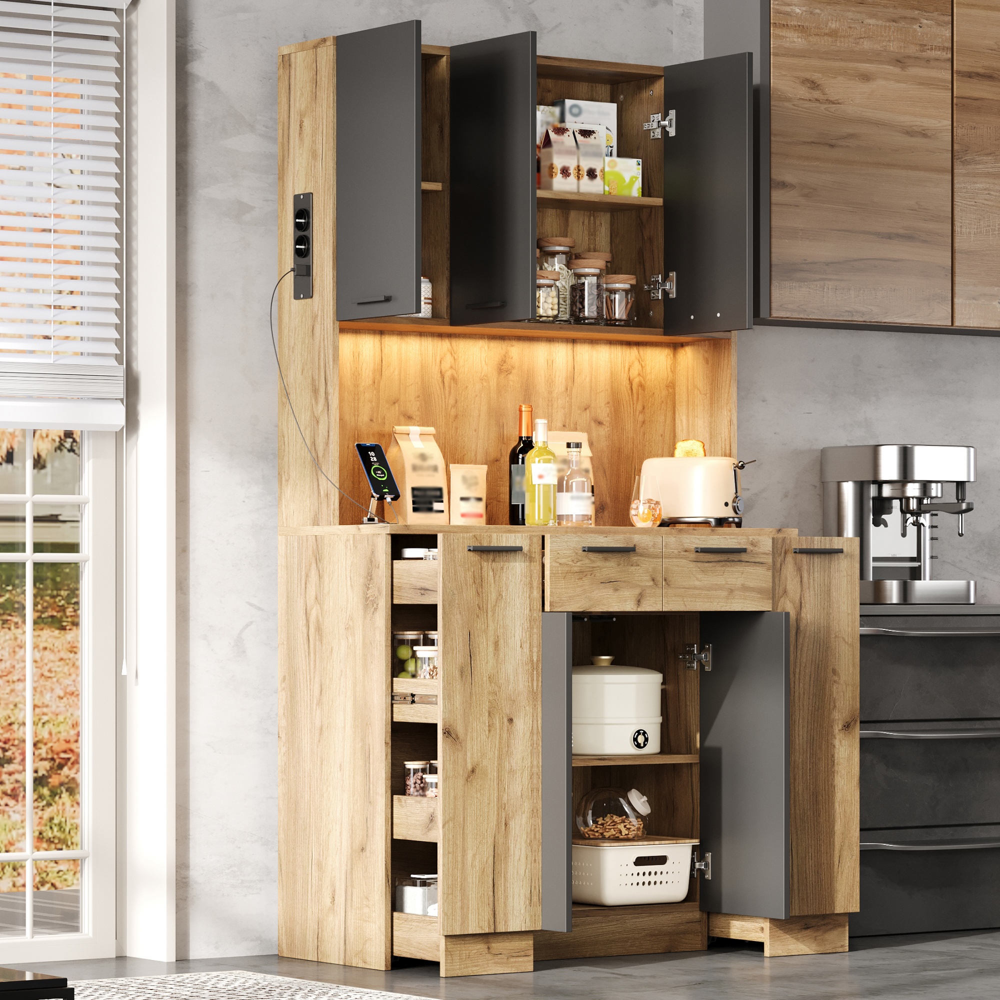 Küchenschrank Steckdosen Gewürzregal Weinregal Vitrine, Led-beleuchtung, Mdf, 100 X 40 X 180 Cm