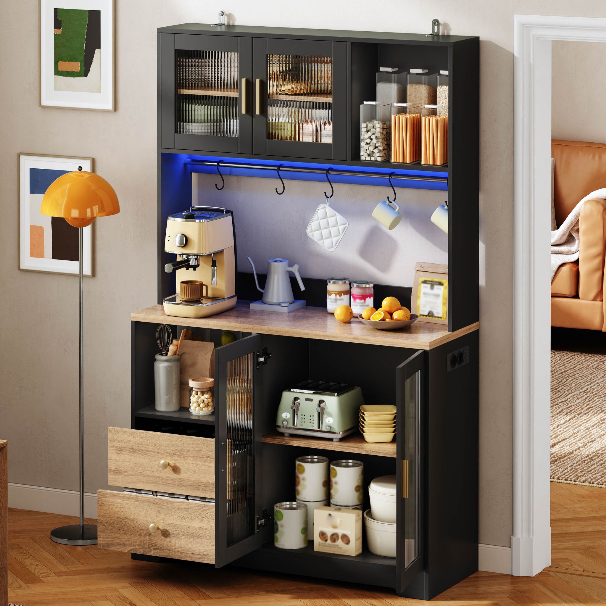 Küchenschrank Led Beleuchtung Steckdosen Weinregal Schwarz, Gehärtetes Glas, Holzoptik, 178 Cm