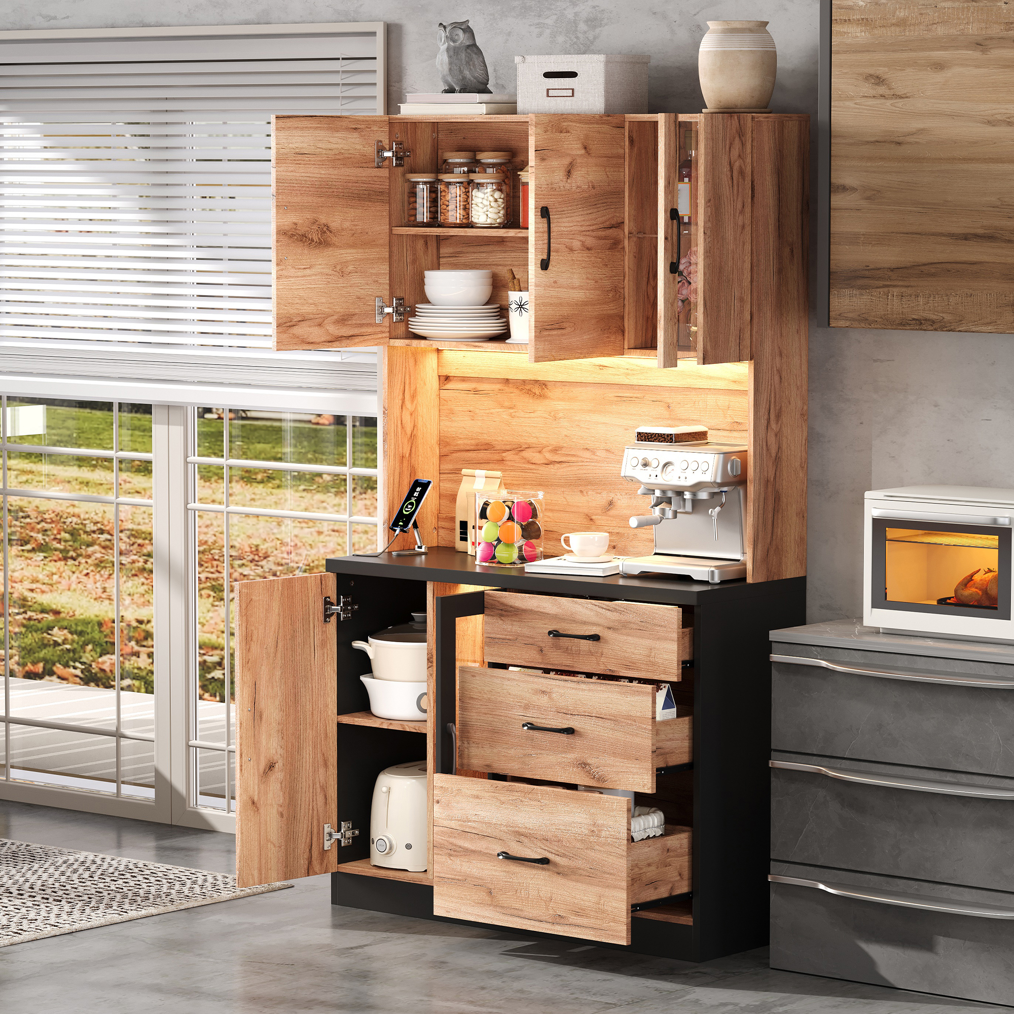 Küchenhochschrank Led Beleuchtung Steckdosen Schwarz, Verstellbare Einlegeböden, Holzoptik, 105 X 40 X 180cm