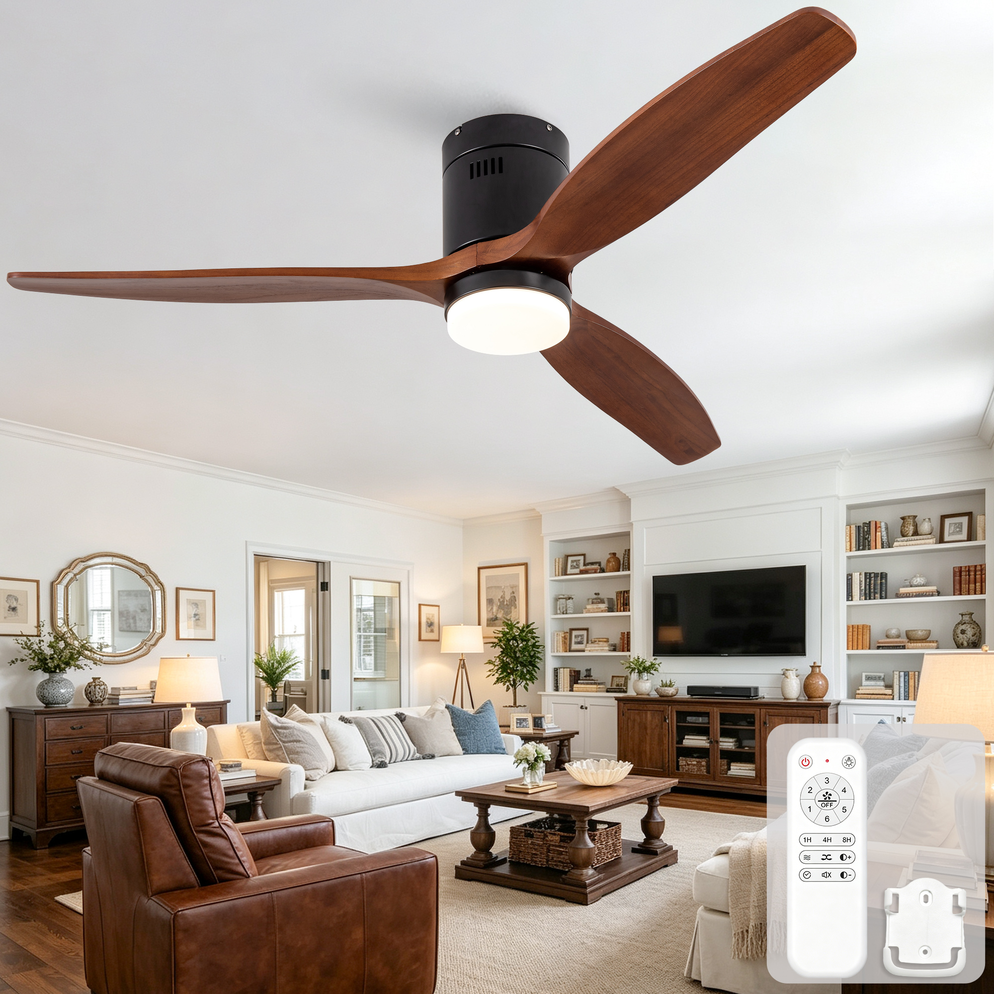 Deckenventilator 52 Zoll Mit Led-licht, Massivholzflügeln, Leisem Dc-motor, Dimmbarer Beleuchtung Und Fernbedienung