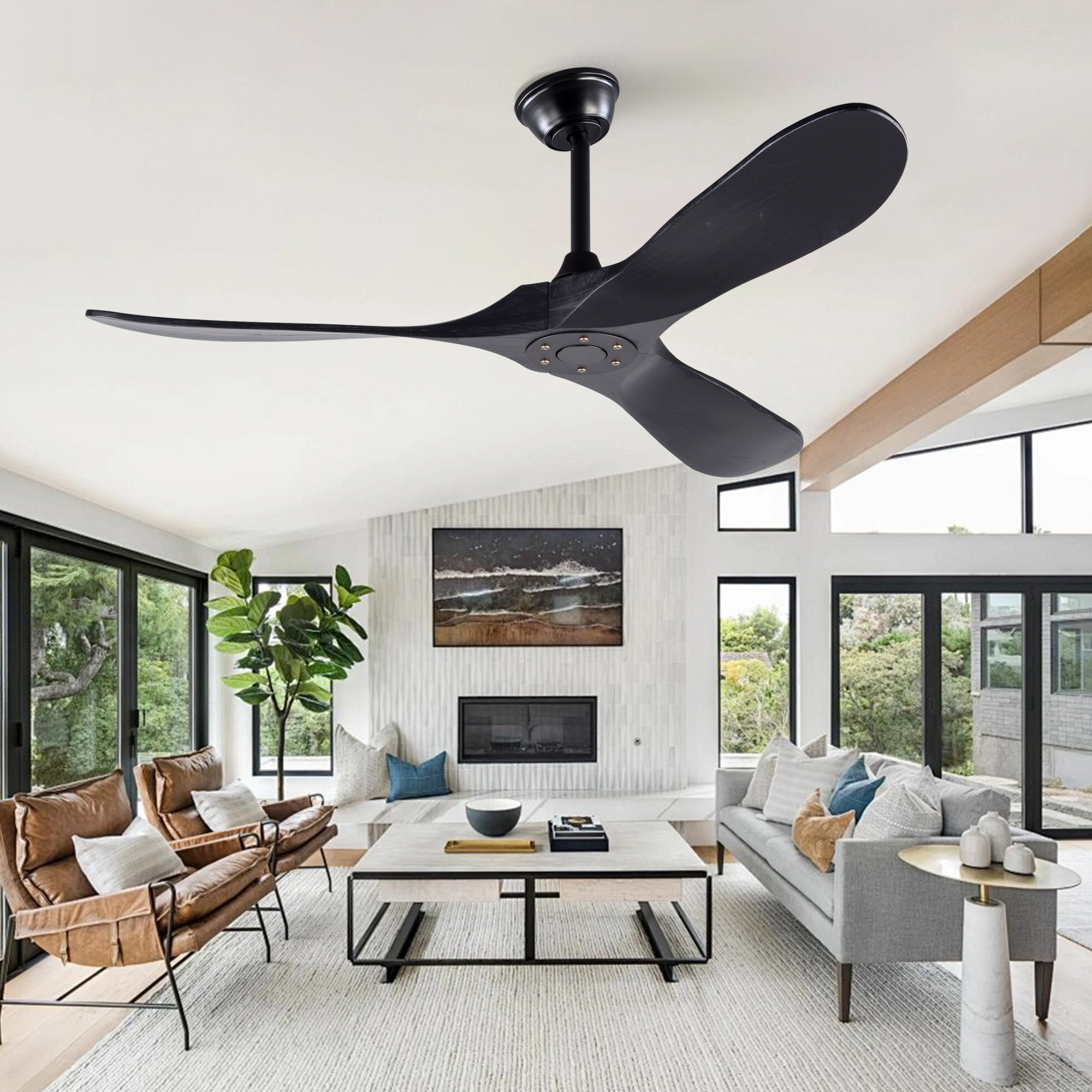 Deckenventilator 52 Zoll Schwarz Ohne Licht, Massivholzflügel, Leiser Dc-motor, Fernbedienung Und 6 Geschwindigkeiten