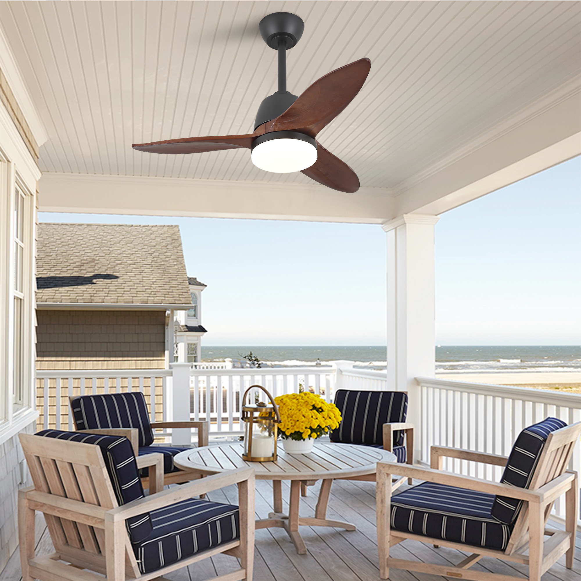 Deckenventilator 36 Zoll Schwarz Mit Massivholzflügeln, Leisem Dc-motor, Dimmbarer Led In 3 Lichtfarben Und Reversibler Funktion
