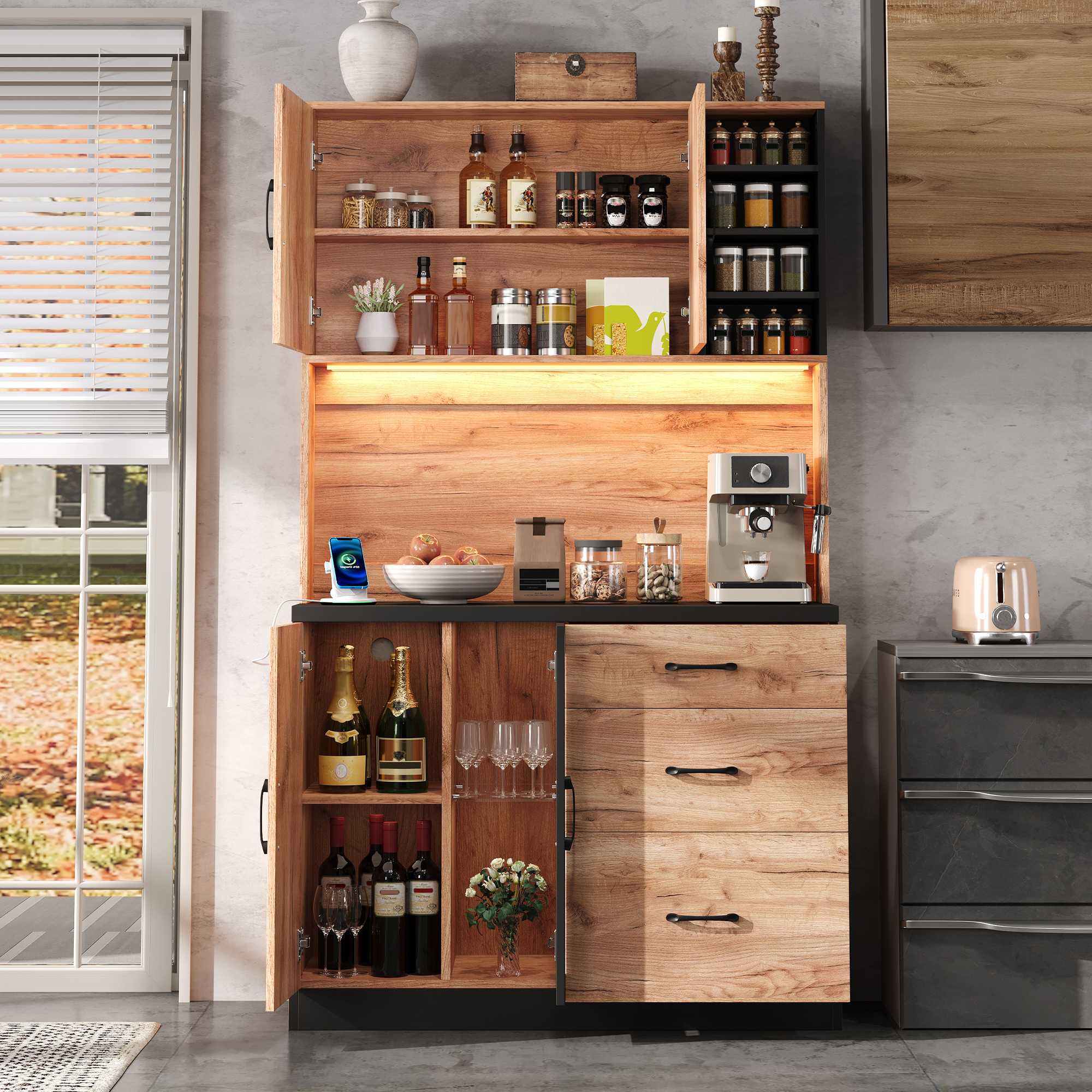 Küchenhochschrank Led Beleuchtung Steckdosen Schwarz, Verstellbare Einlegeböden, Holzoptik, 105 X 40 X 180 Cm
