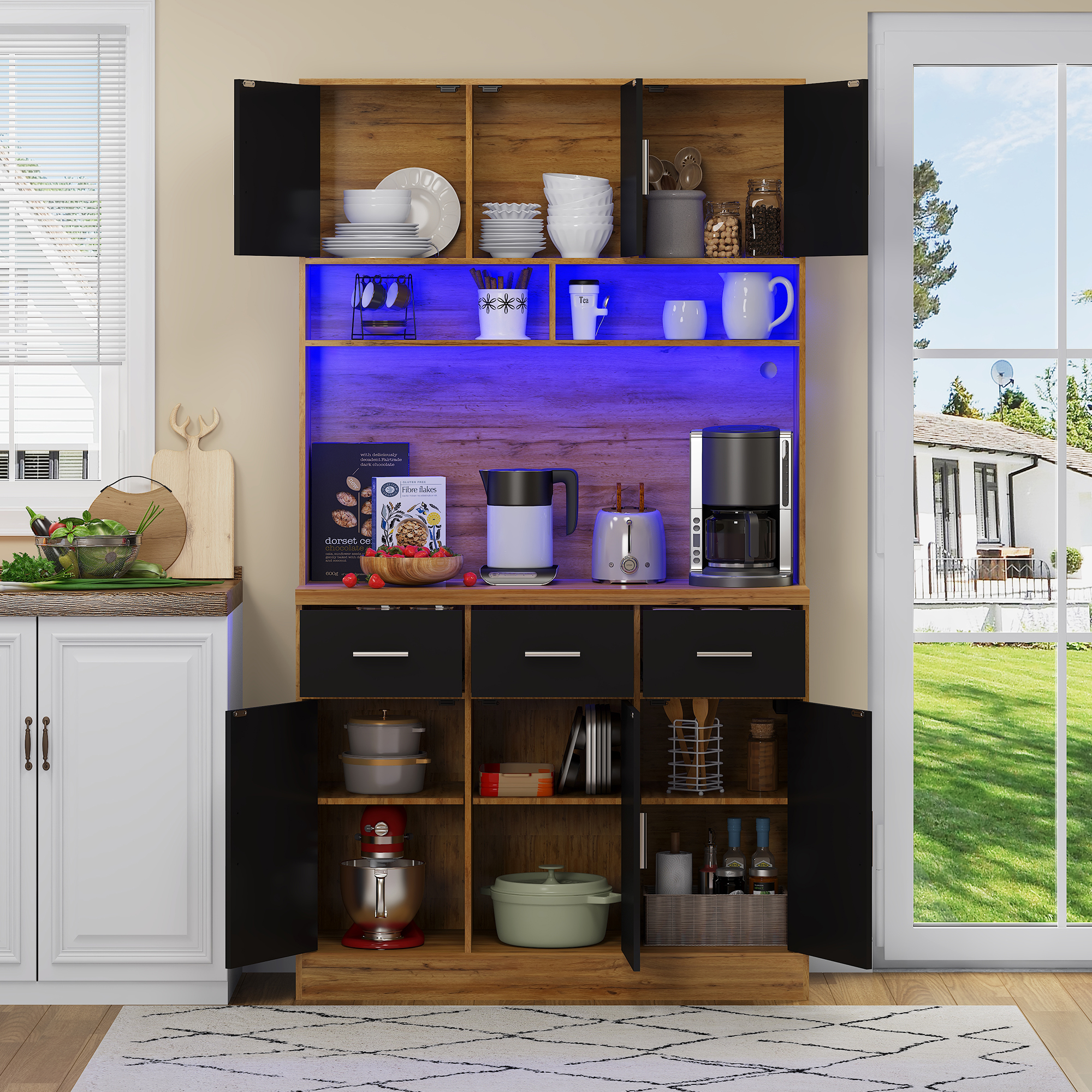 Küchenhochschrank Led Beleuchtung Steckdosen Schwarz Natur, App-steuerung, Usb-anschlüsse, 100 X 40 X 180cm