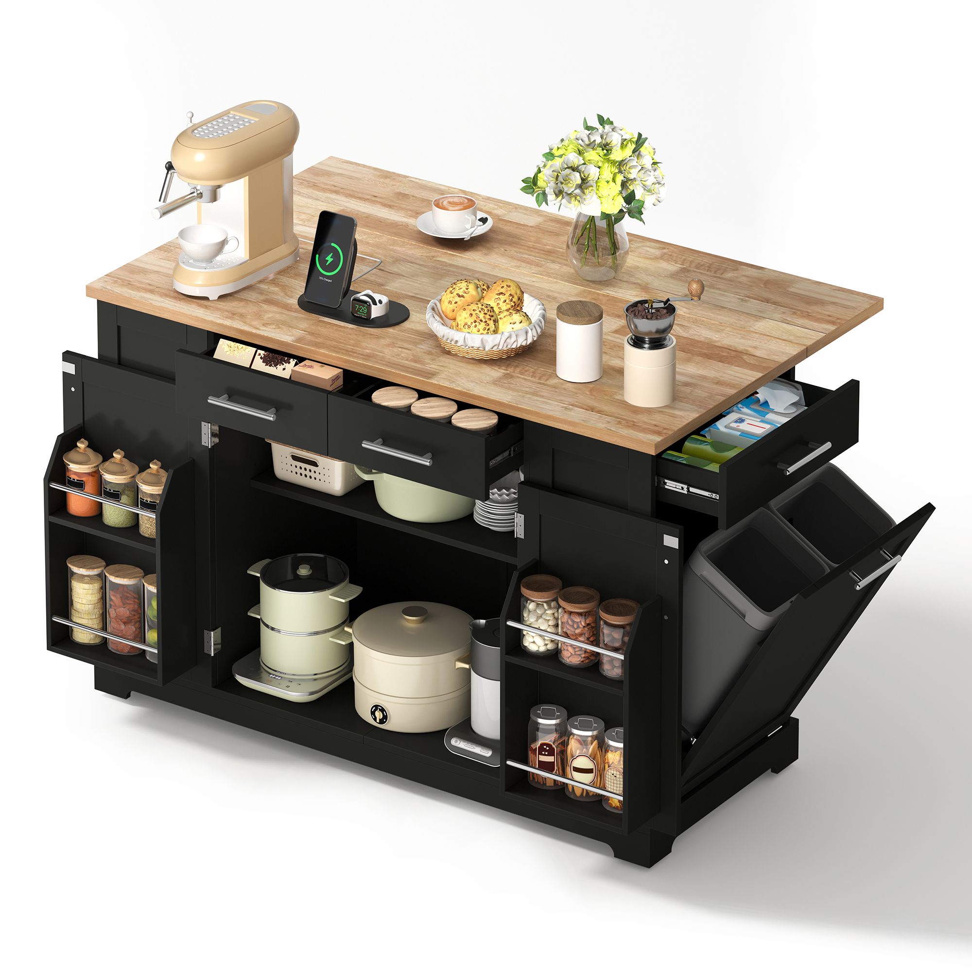 Kücheninsel Mit Klappplatte Steckdosen Müllschrank Schwarz, Holzoptik, 138 Cm