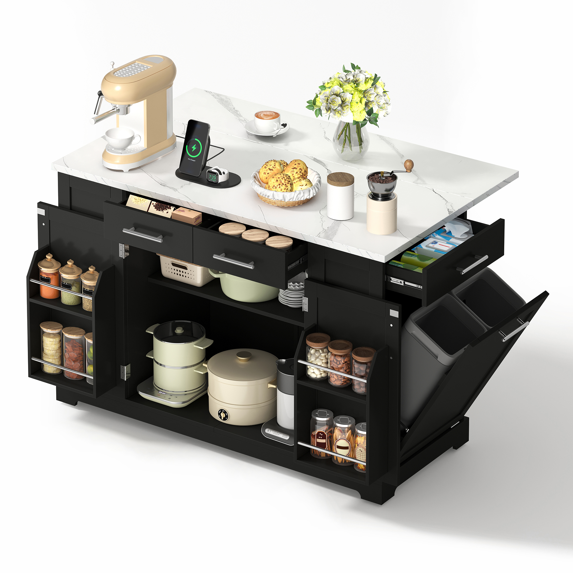 Kücheninsel Rollbar Mit Klappplatte Müllschrank Schwarz, Steckdosen, Marmoroptik, 138 Cm