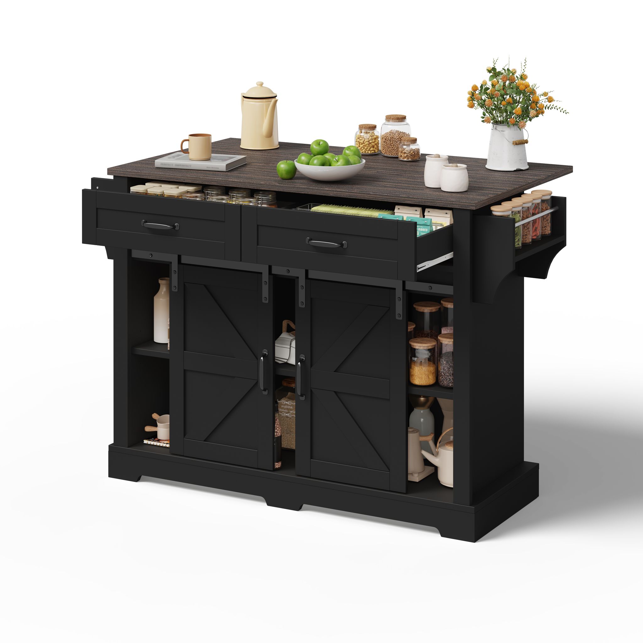 Kücheninsel Rollbar Mit Klappplatte Schiebetüren Schwarz, Landhausstil, 120 X 45(70) X 91 Cm