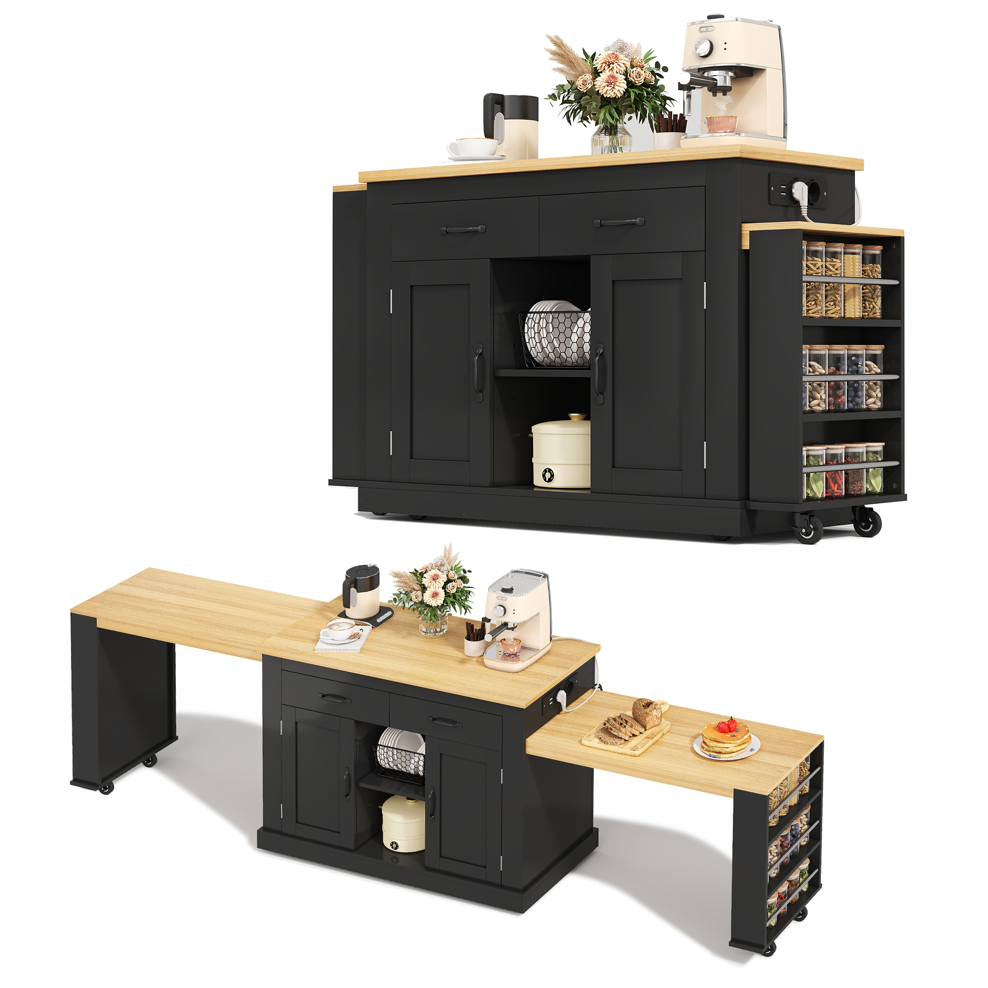 Kücheninsel Ausziehbar Steckdosen Usb Anschlüsse, Verstellbare Einlegeböden, 142 X 55 X 93cm