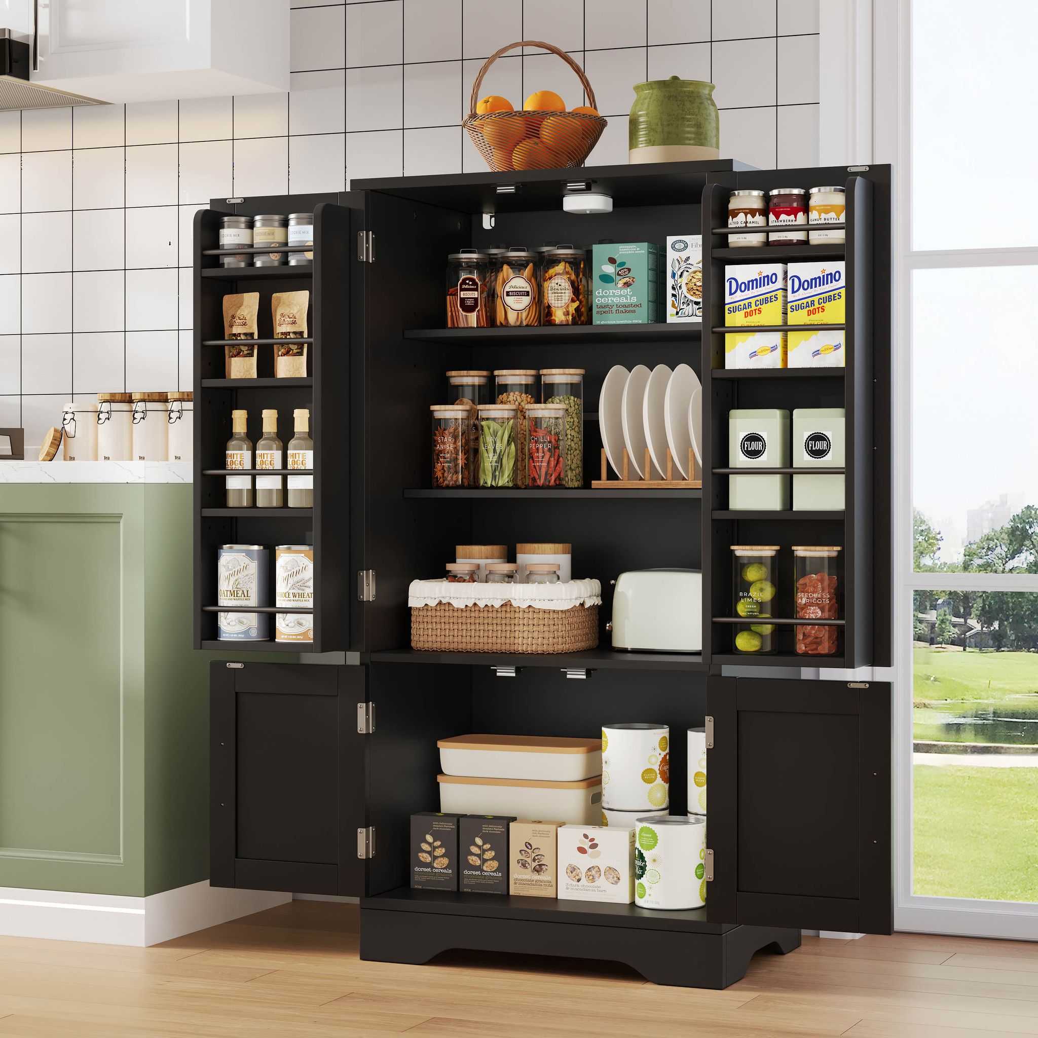 Küchenschrank Sensor Led 4 Türen Schwarz Mdf Viel Stauraum, Verstellbare Einlegeböden, 120 X 60 X 40cm