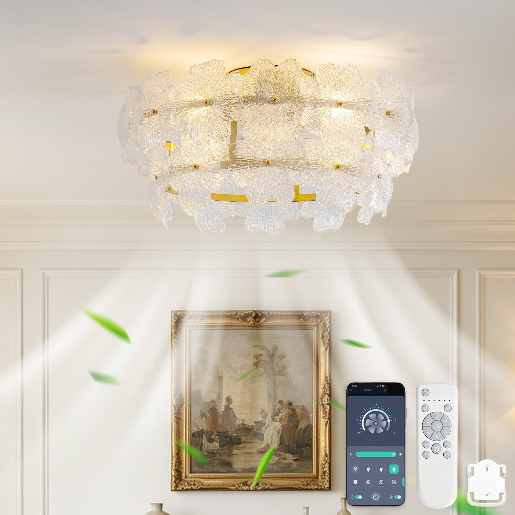 Kristall-deckenventilator 19 Zoll In Gold Mit Licht, Leisem Dc-motor, 6 Geschwindigkeiten Sowie Fernbedienung Und App-steuerung