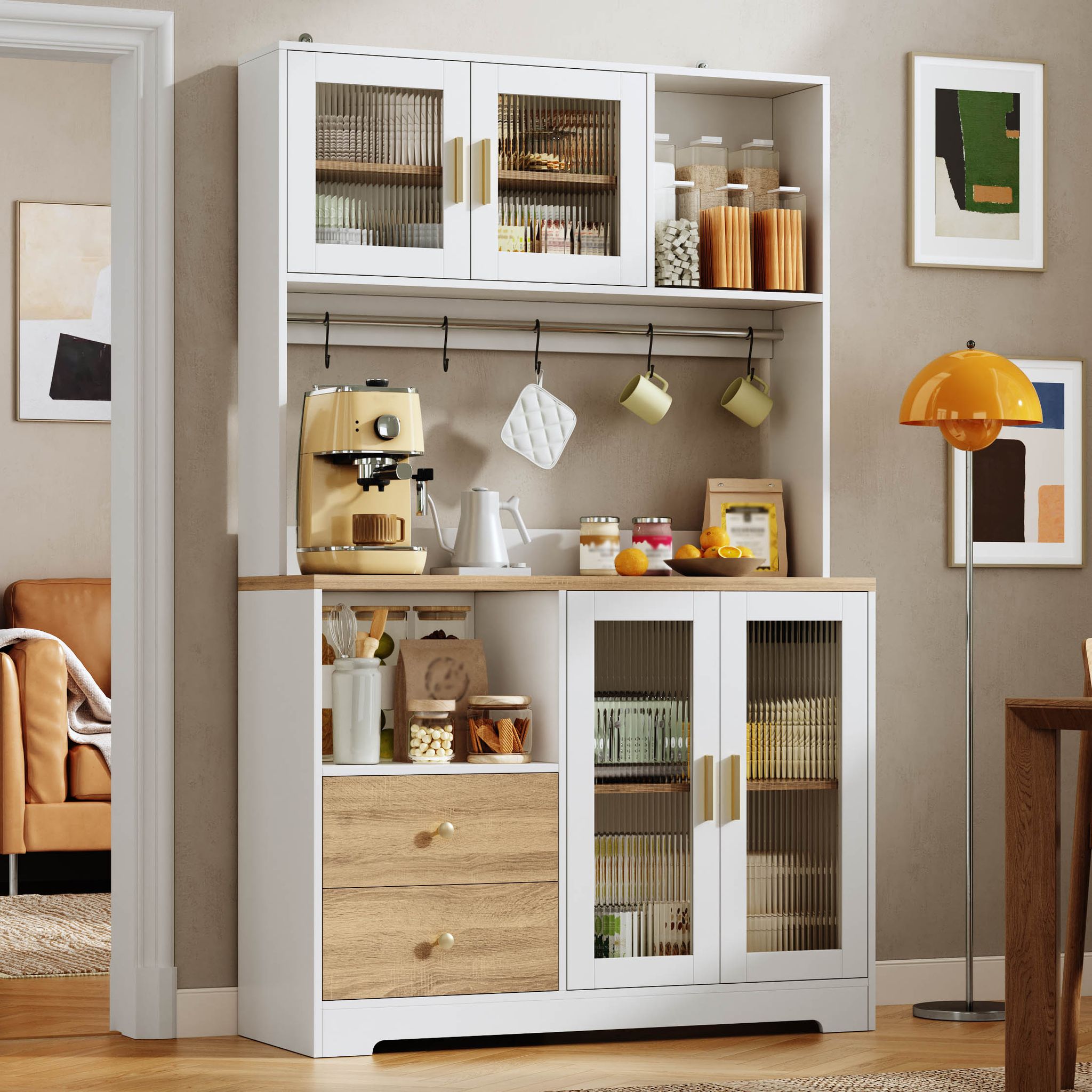 Küchenhochschrank Led Beleuchtung Weinregal Glastüren Weiß, Steckdosen, Weiß/holzoptik, 178 Cm