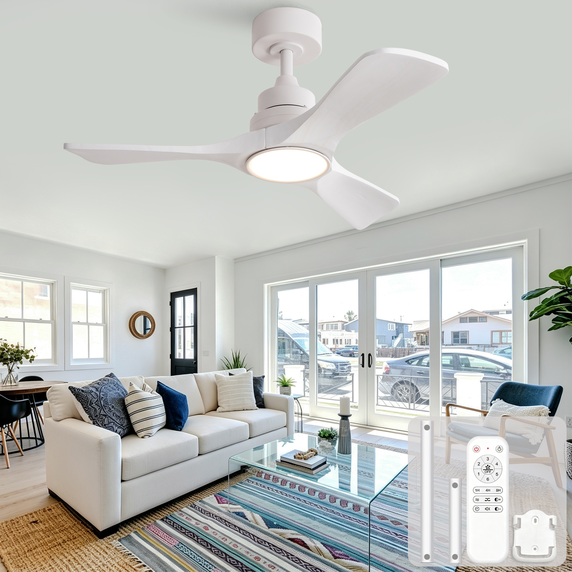 Deckenventilator 36 Zoll Weiß Mit Dimmbarem Led-licht, Massivholzflügeln, Leisem Dc-motor, Fernbedienung Und 3 Lichtfarben