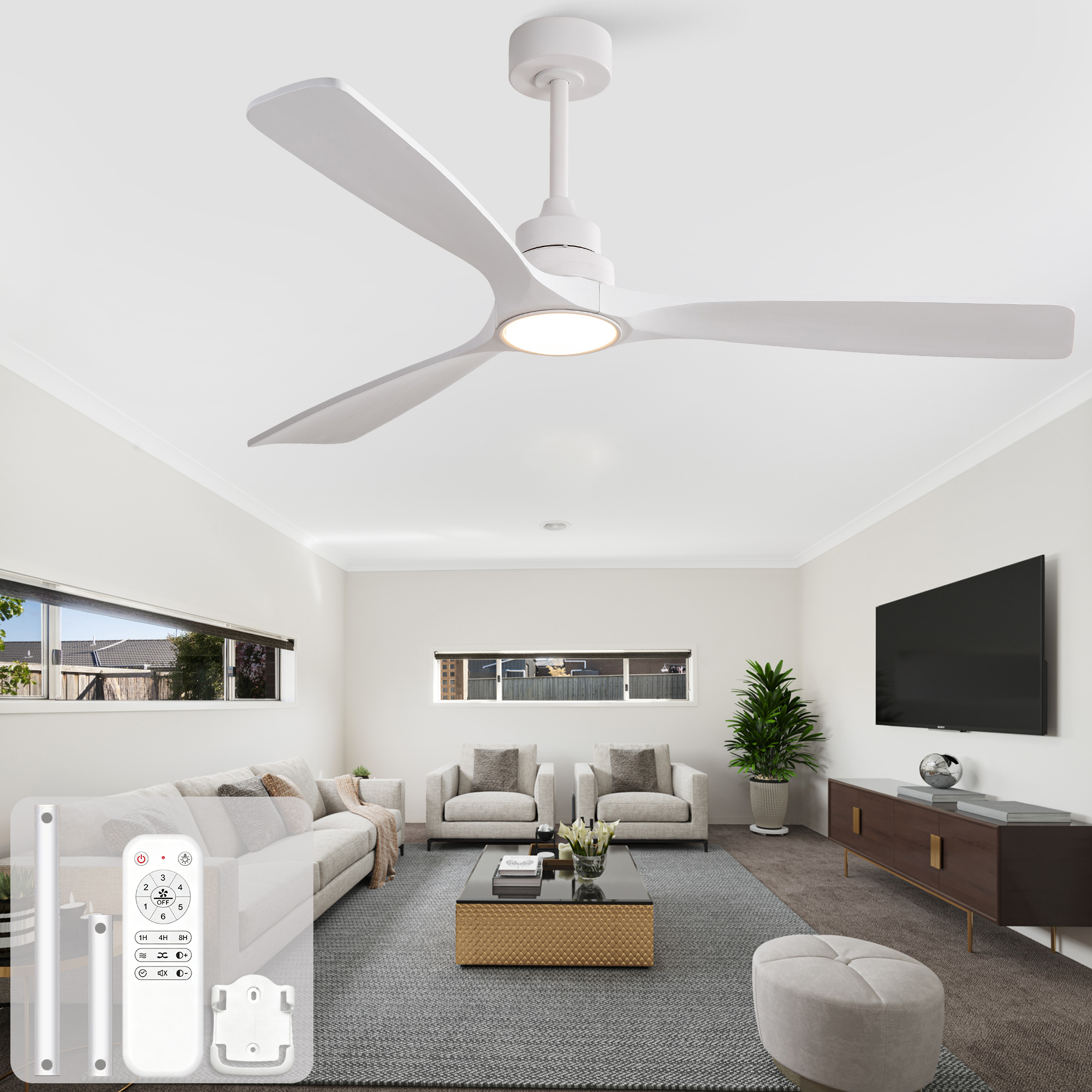 Deckenventilator 60 Zoll Weiß Mit Led-licht, Massivholzflügeln, Leisem Dc-motor, Fernbedienung, 3 Lichtfarben, Reversibel