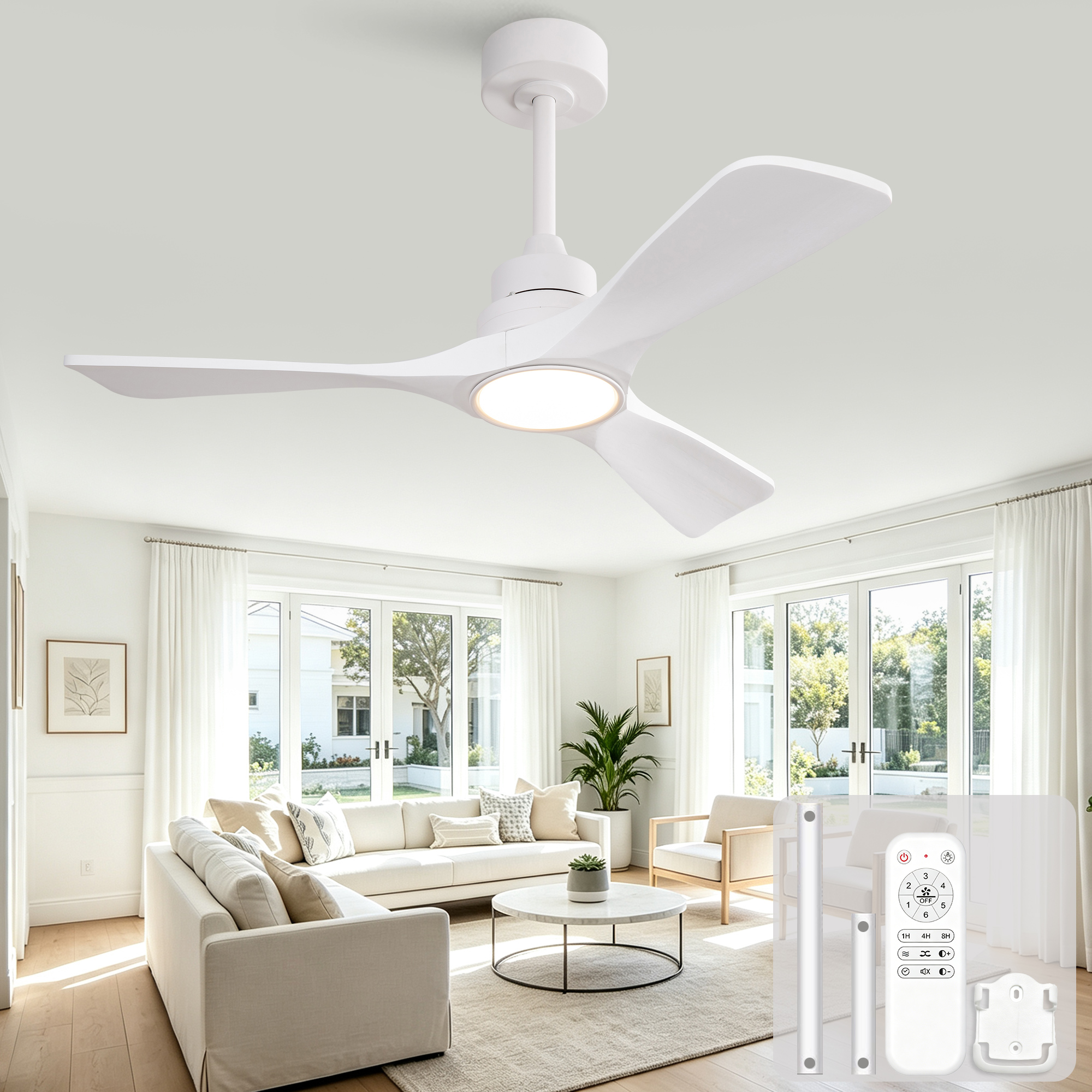 Deckenventilator 42 Zoll Weiß Mit Massivholzflügeln, Leisem Dc-motor, Fernbedienung Und Led-licht Mit 3 Farbtemperaturen