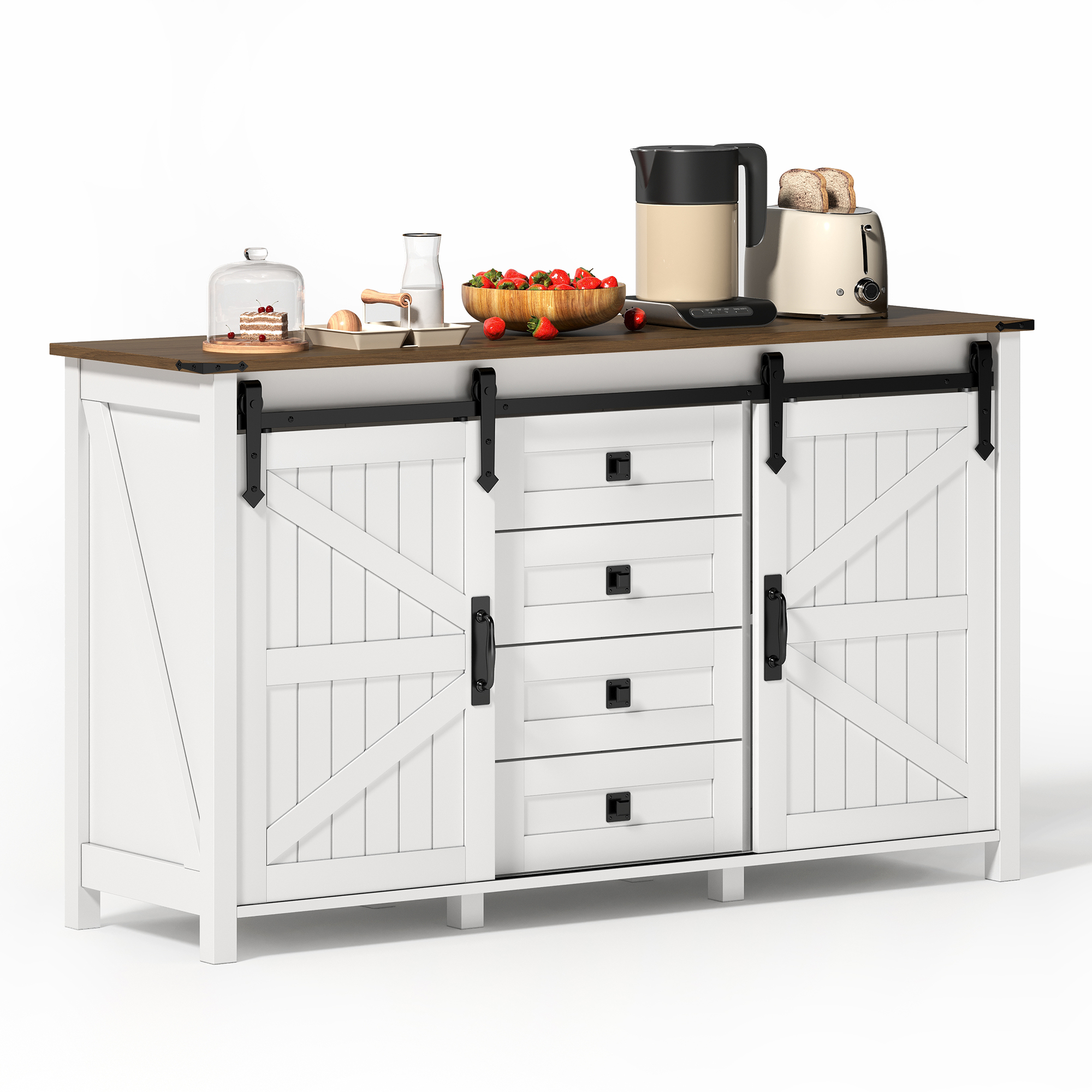 Küchensideboard Schiebetüren 4 Schubladen Weiß, Landhausstil, Vintage-stil, 137 Cm