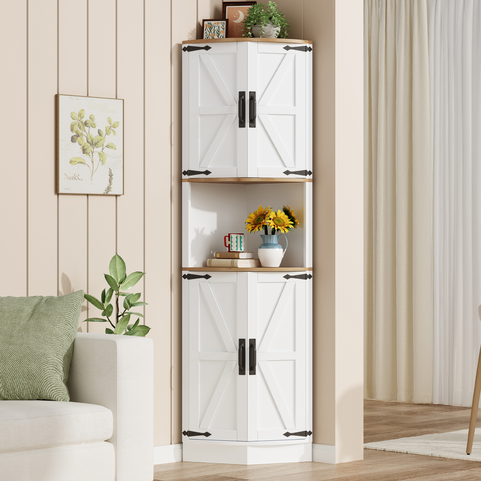 Kücheneckschrank Holzoptik Weiß Landhausstil Vintage Stil, 5 Fächer, 180 Cm