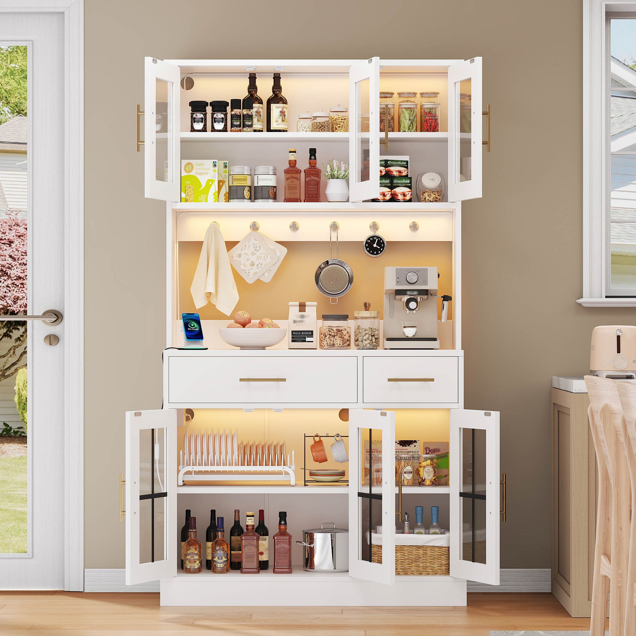 Küchensideboard Led Beleuchtung Steckdosen 6 Türen Weiß, 2 Schubladen, Goldfarbene Griffe, Landhausstil, 180 X 100 Cm
