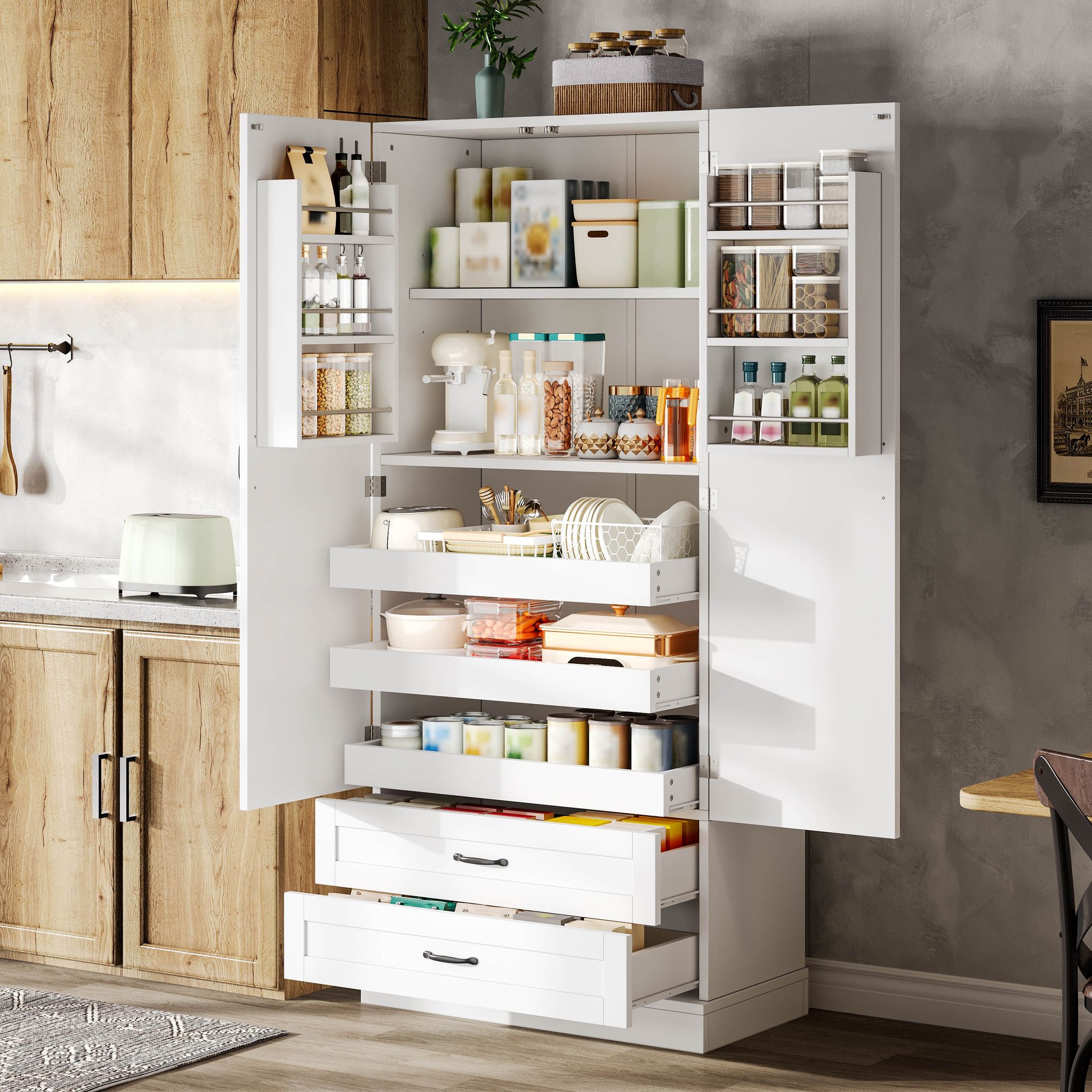 Küchenhochschrank Mikrowellenfach 2 Schubladen Mdf, 3 Ablagen, 80 X 37 X 180 Cm