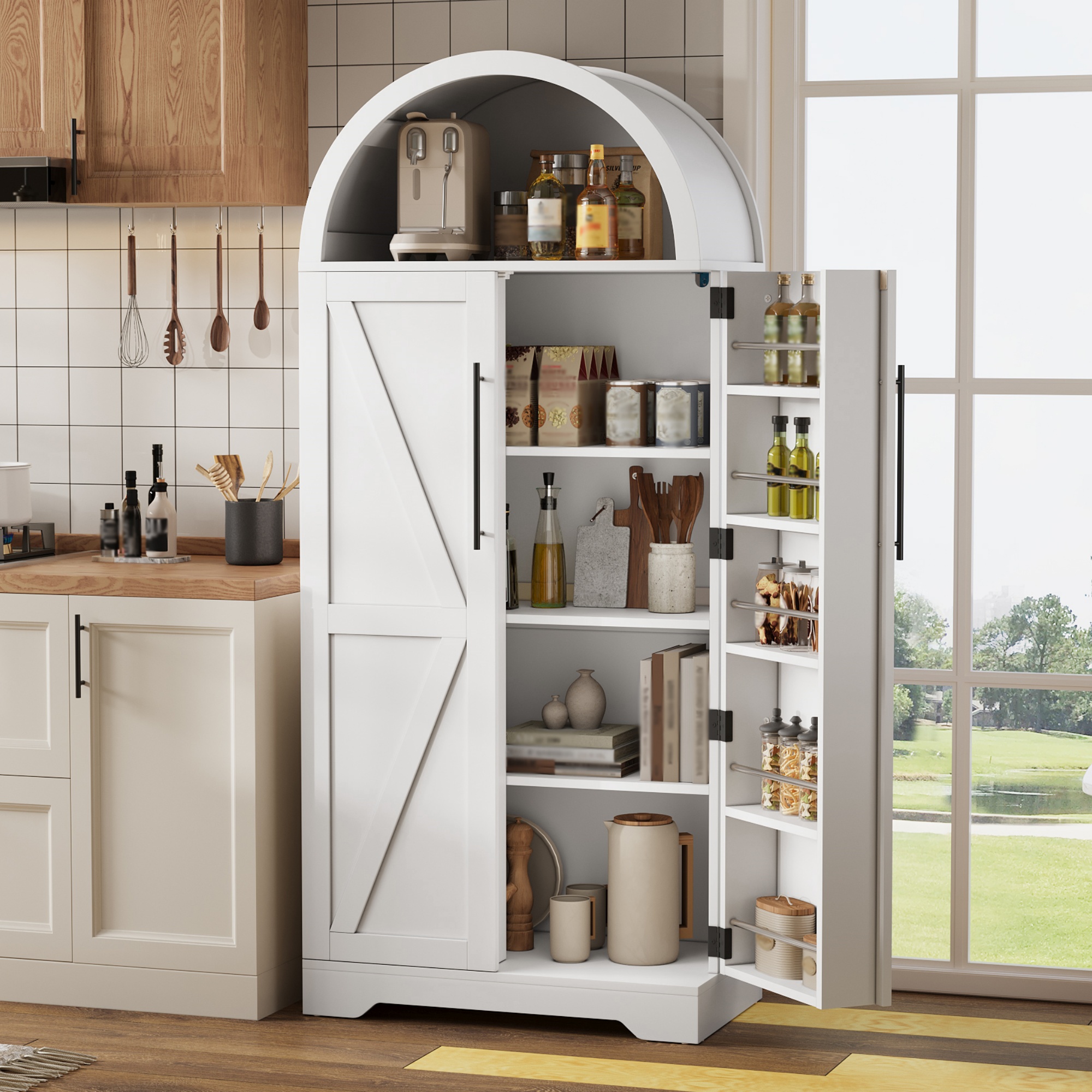Küchenschrank Vitrine Weiß Mdf Viel Stauraum, 70 X 40 X 165cm