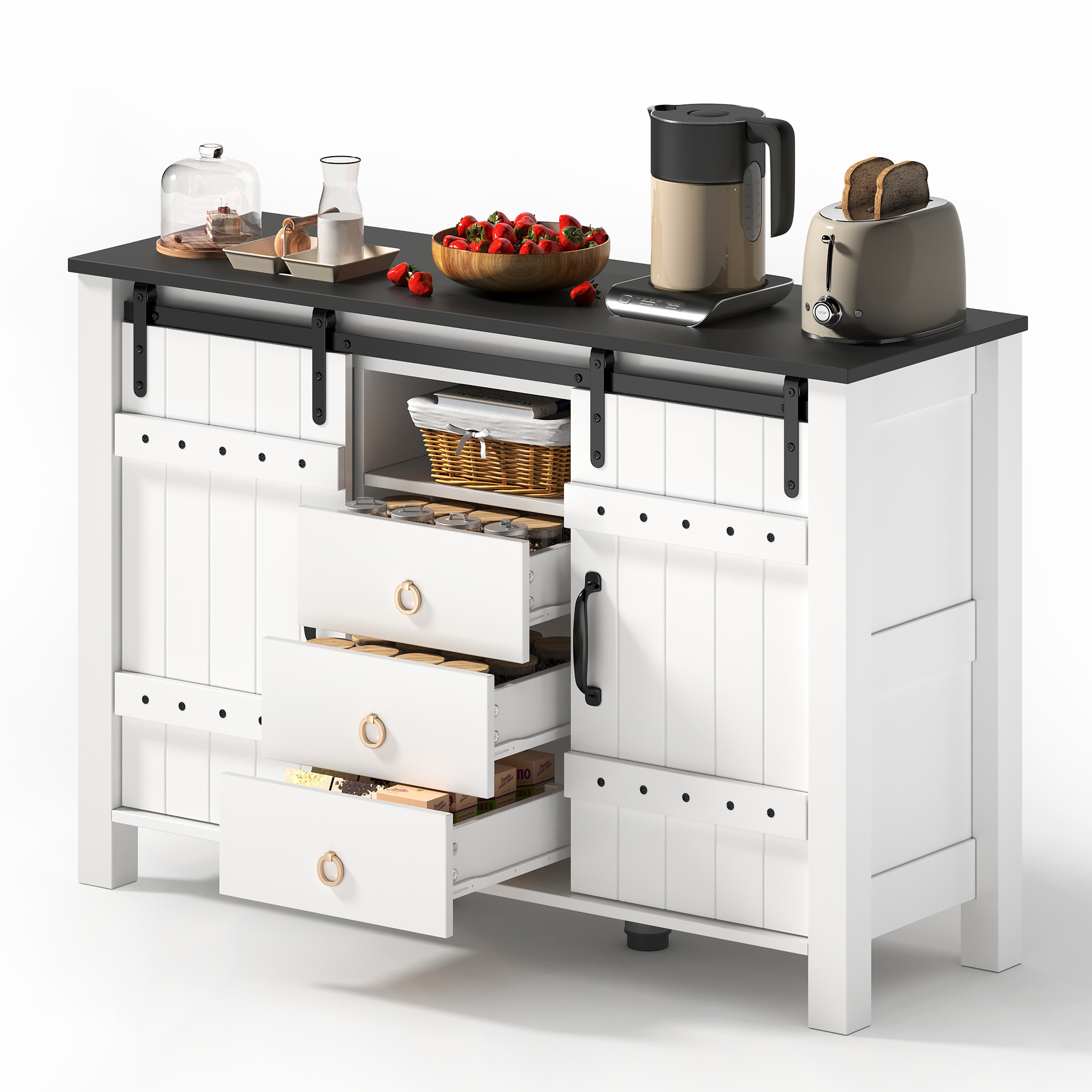 Küchensideboard Schiebetüren 3 Schubladen Weiß, 120 Cm