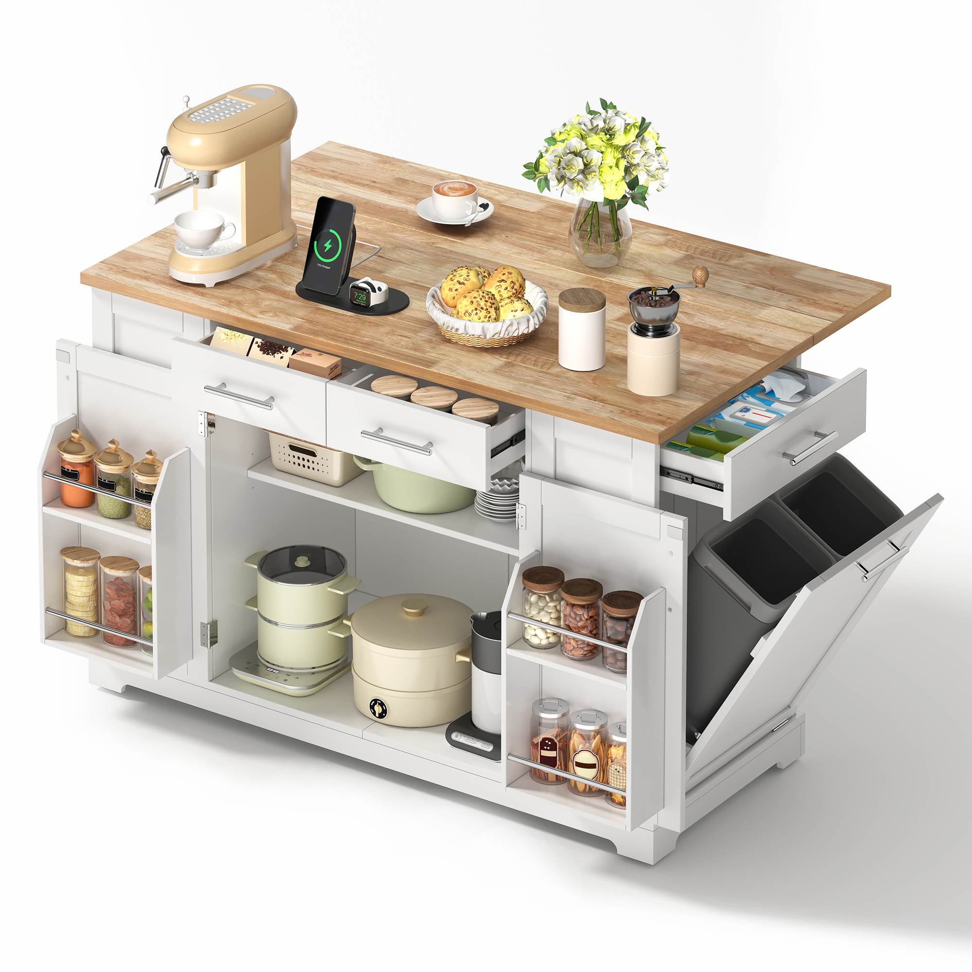Kücheninsel Rollbar Mit Klappplatte Steckdosen Müllschrank, Weiß/holzoptik, 138 Cm