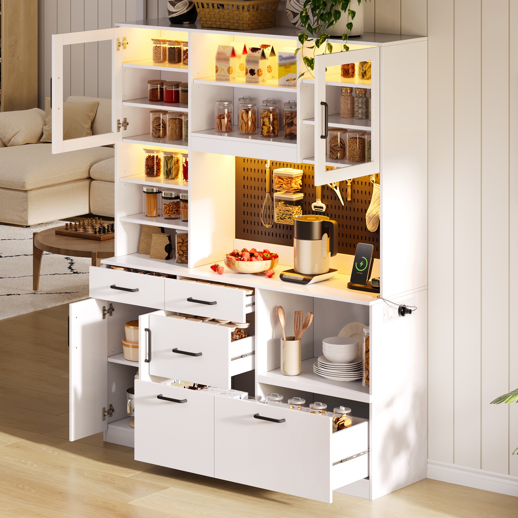 Küchensideboard Led Beleuchtung Steckdosen Mikrowellenfach, 5 Schubladen, Lochwand, 185 X 145 X 40 Cm