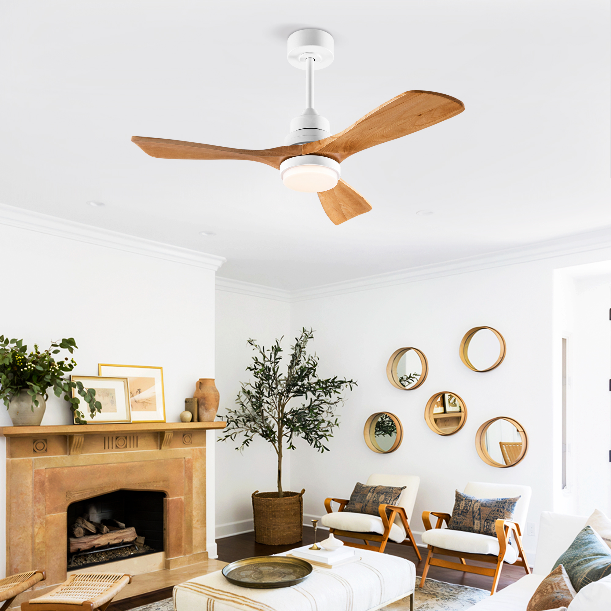 Deckenventilator 42 Zoll Weiß/holz Mit Licht Und Fernbedienung, 3 Holzflügel, Leiser Dc-motor