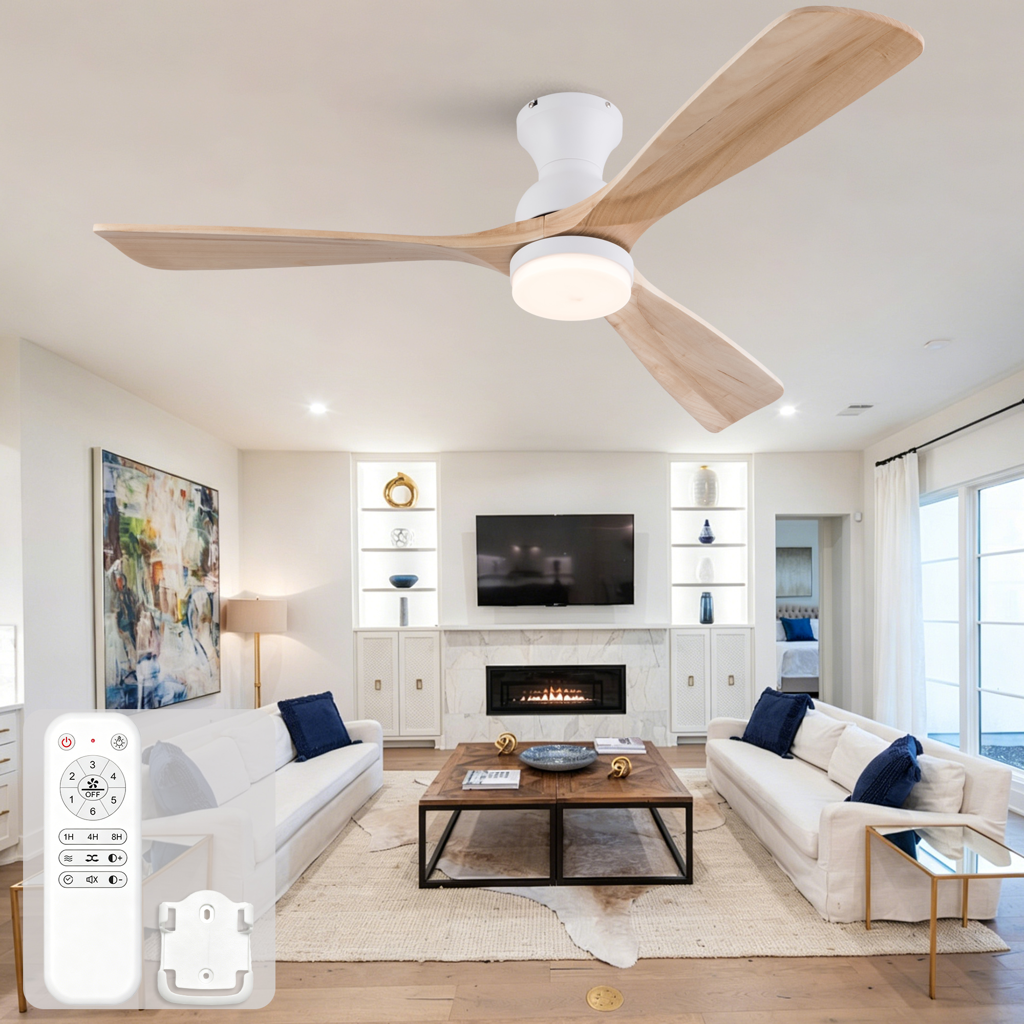 Deckenventilator 52 Zoll Mit Licht, Weiß/naturholz, Massivholzflügel, Leiser Dc-motor, Fernbedienung Und 3cct Dimmbar