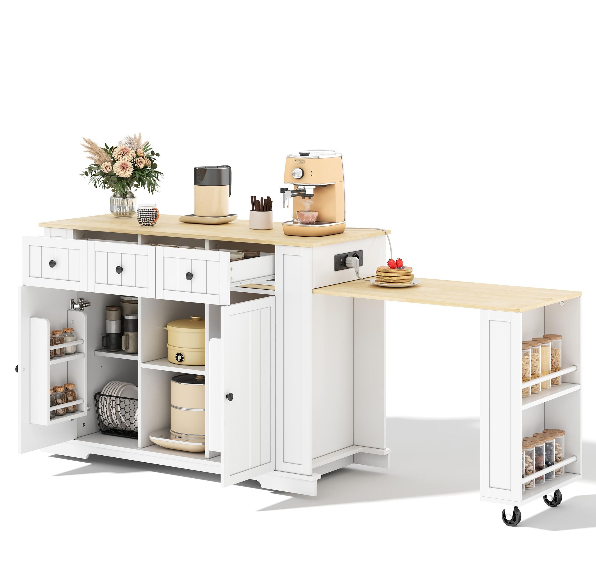 Kücheninsel Rollbar Ausziehbar Steckdosen Mit Esstisch, Usb-anschlüsse, Mdf, 138-213cm