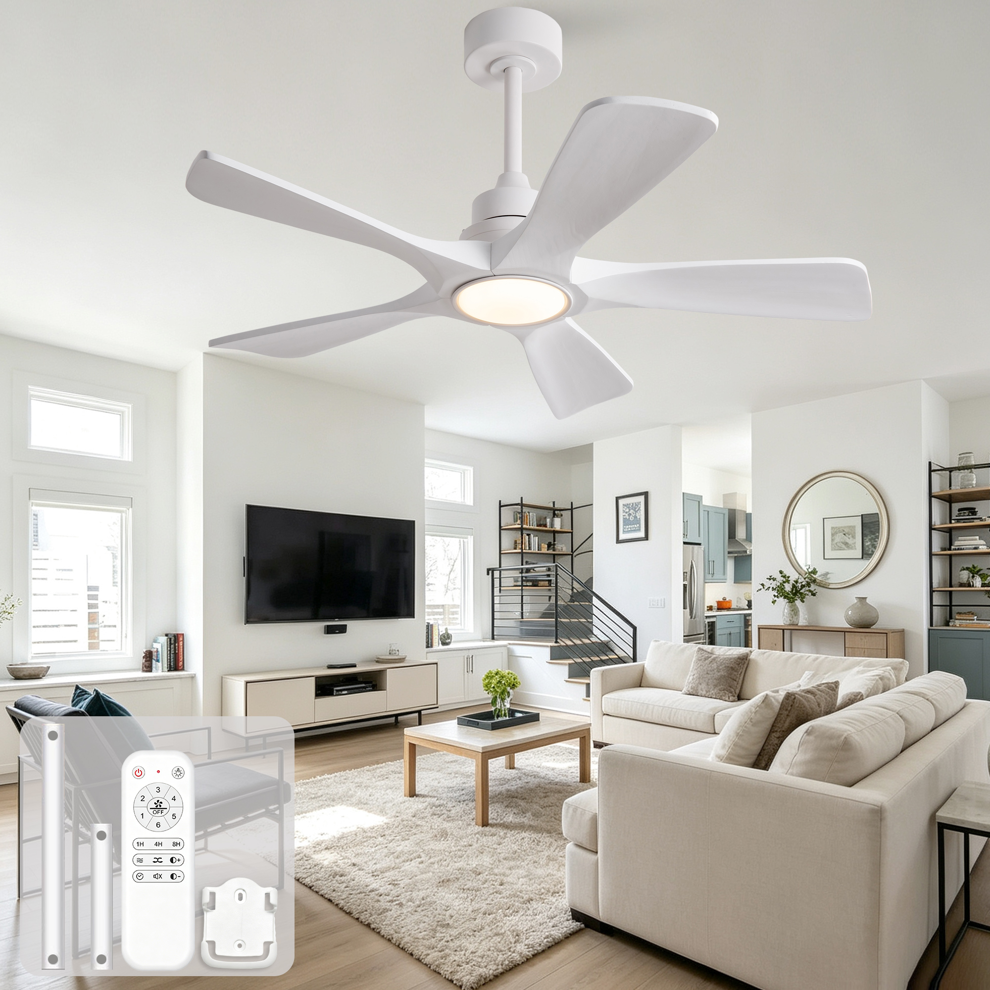 Deckenventilator 42 Zoll Weiß Mit Led-licht, Massivholzflügeln, Leisem Dc-motor Und Fernbedienung
