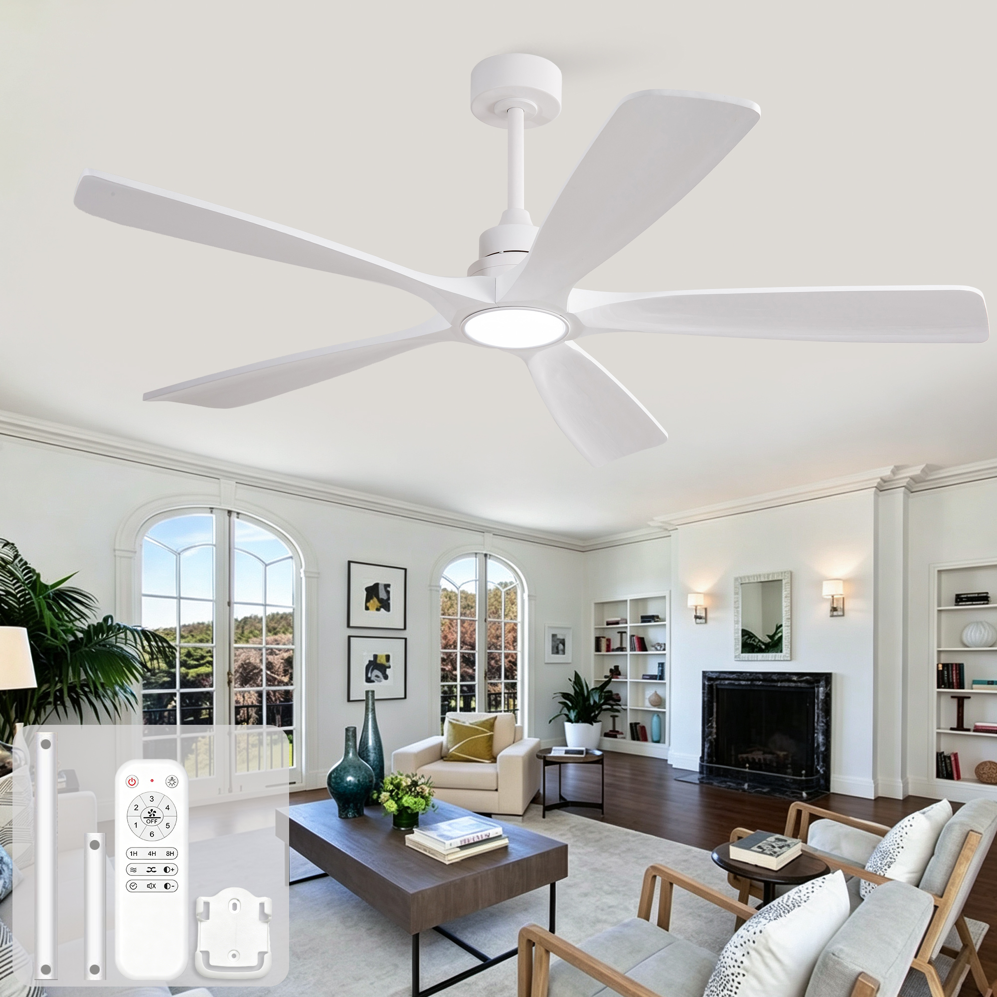 Deckenventilator 60 Zoll Weiß Mit Dimmbarem Led-licht, Massivholzflügeln, Leisem Dc-motor, Fernbedienung Und Reversibler Funktion