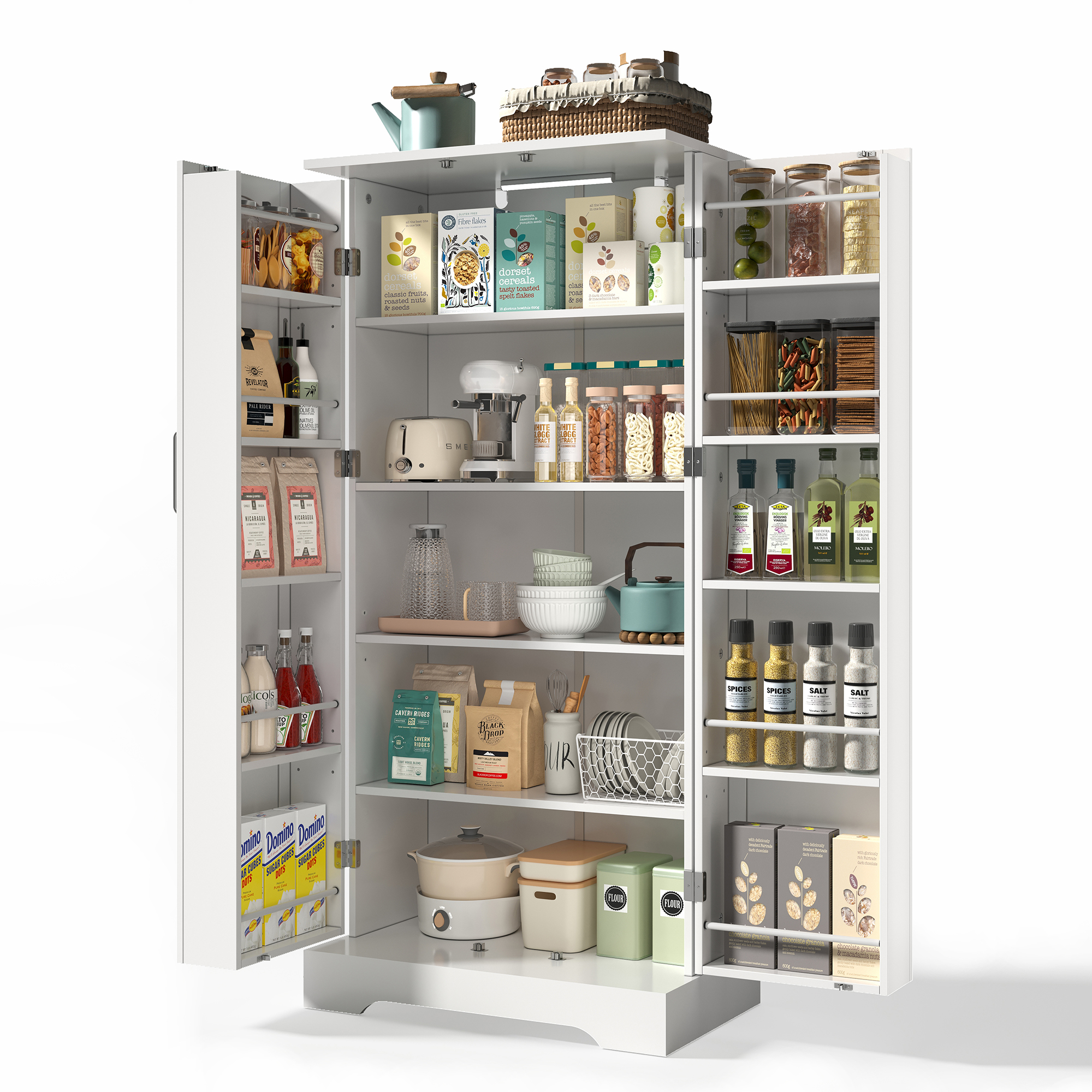Küchenschrank Weiß Mit Sensor-led, Doppeltür Und Verstellbaren Einlegeböden, Multifunktional, 60 X 35 X 128 Cm