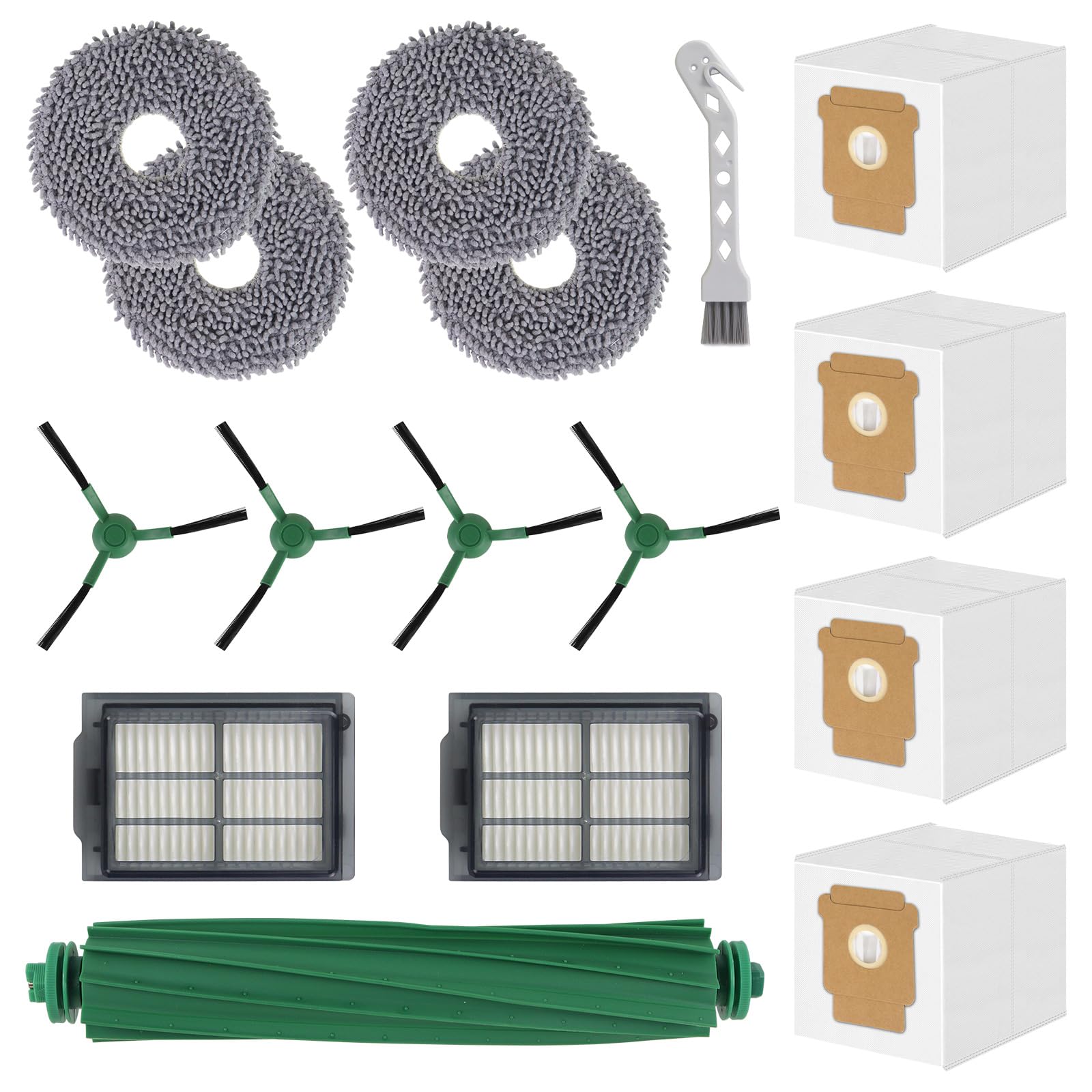 Zubehör Ersatz Für Irobot Roomba Plus 405 Combo/505 Combo Saugroboter 1 Hauptbürste, 2 Filter, 4 Seitenbürsten, 4 Mopp Wischtücher, 4 Staubbeutel, 1 Reinigungsbürste
