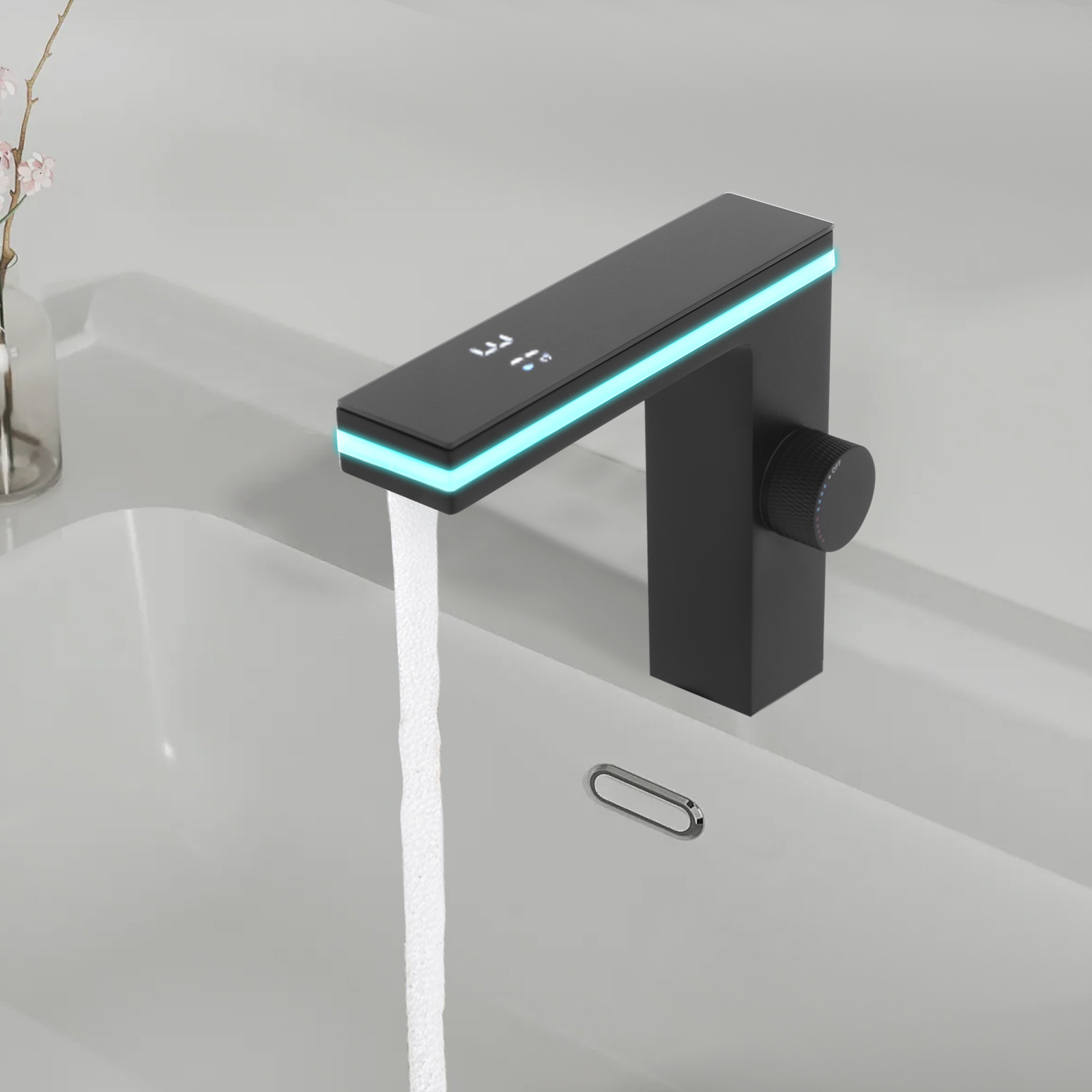 Wasserhahn Bad Waschtischarmatur Mit Digital-temperaturanzeige Led Beleuchtung Aus Wasserkraft Kupfer Waschbeckenarmatur Mit Keramikventilkern Armatur Waschbecken (schwarz)