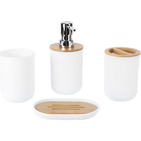 4-teiliges Badezimmer-accessoire-set Aus Bambus, Wasserfest Und Langlebig, Geschenkset Inklusive Zahnbürste Und Becher Für Zuhause Oder Hotel (weiß)
