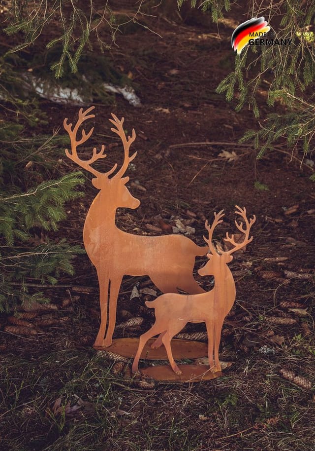 Badeko Gartenfigur Hirsch Leon mit Bodenplatte Stahl 76 x 60 cm braun