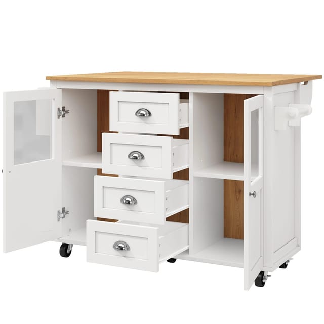 okwish Kücheninsel mit Ausziehfunktion Rollen Stauraum Küche 120x73x93cm Weiß
