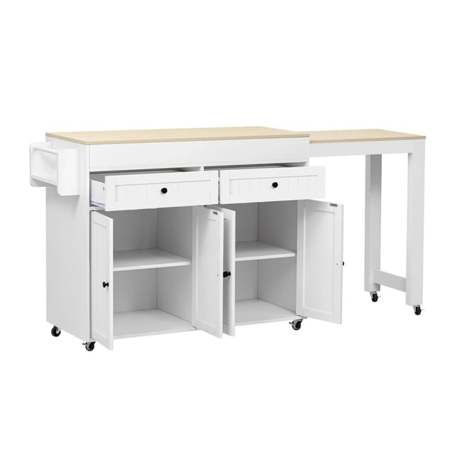 okwish Kücheninsel mit Ausziehfunktion Rollen Schubladen 112-180.5x45x92.2cm Weiß Natur