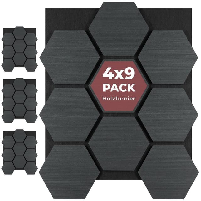 Tectake Akustikpaneele Sonic Shield Holzoptik In Eiche Schwarz Schallabsorbierender Filz 4Er Set 76 x 62 x 1 8 cm Eiche Schwarz