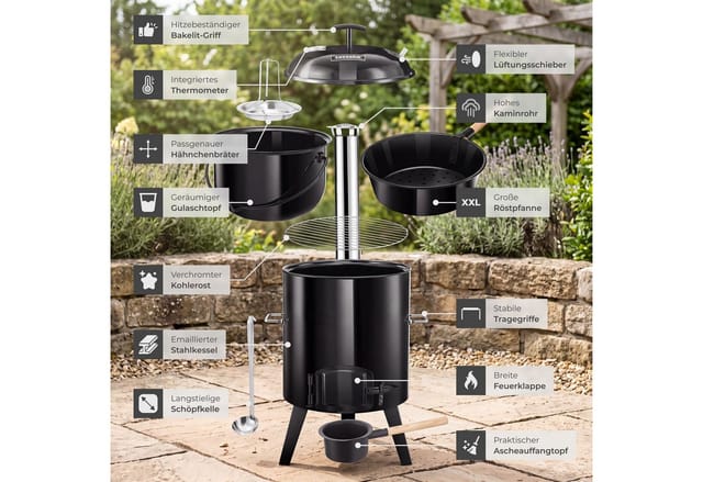 Tectake Gulaschkanone Rocket Hitzefester Stahl 17 L 5In1 Zum Kochen Rösten Grillen Braten und Dünsten 47 x 48 x 90 cm Schwarz
