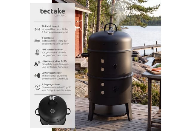 Tectake Räuchertonne 3 In 1 Zum Grillen Räuchern Garen 2 Grillroste Regulierbarer Luftabzug Thermometer 42 5 x 52 x 81 5 cm Schwarz