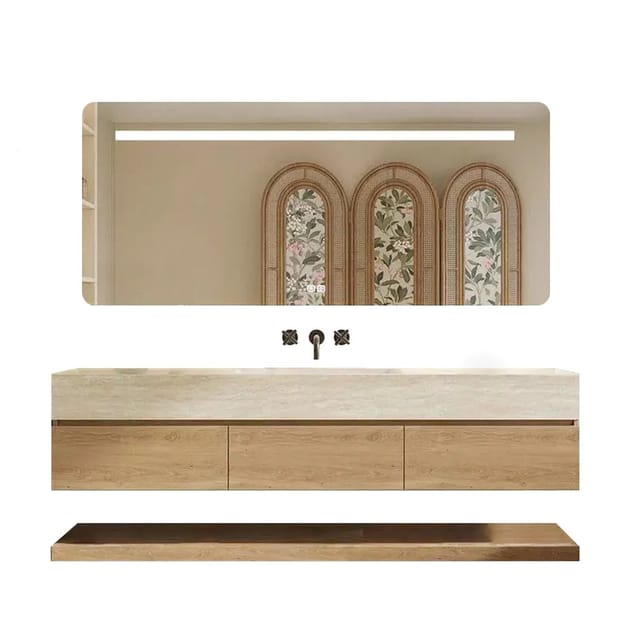 360Home Wandhängendes Waschbecken Set Sinterstein Travertine Look Mit Spiegel Unterschrank Ohne Armaturenloch 150 CM YT9865150BKK