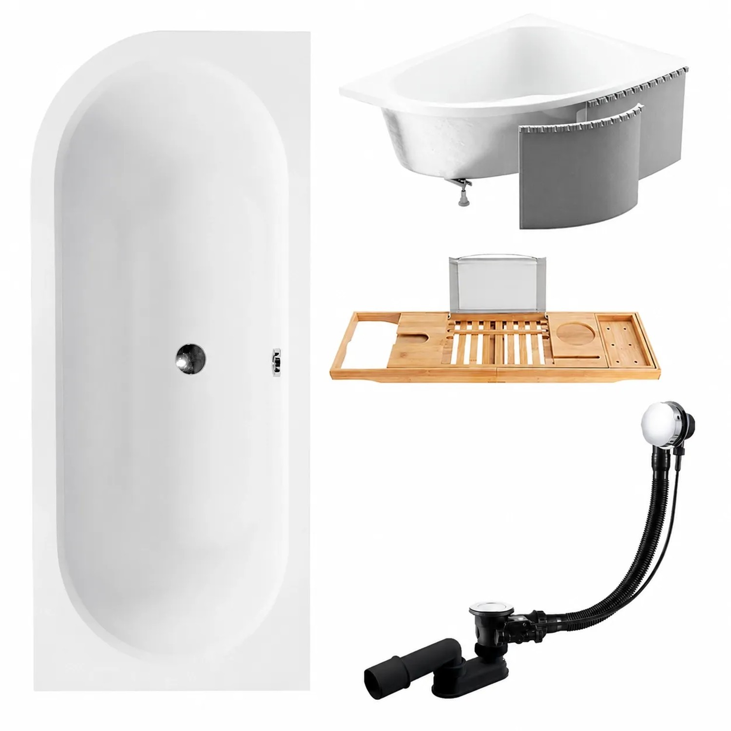 KOLMAN Badewanne Eckwanne 150 x 75 Cm Rechts Mit Styroporverkleidung Mit Bambus Badewannenablage Inkl. Ablauf Und Füße