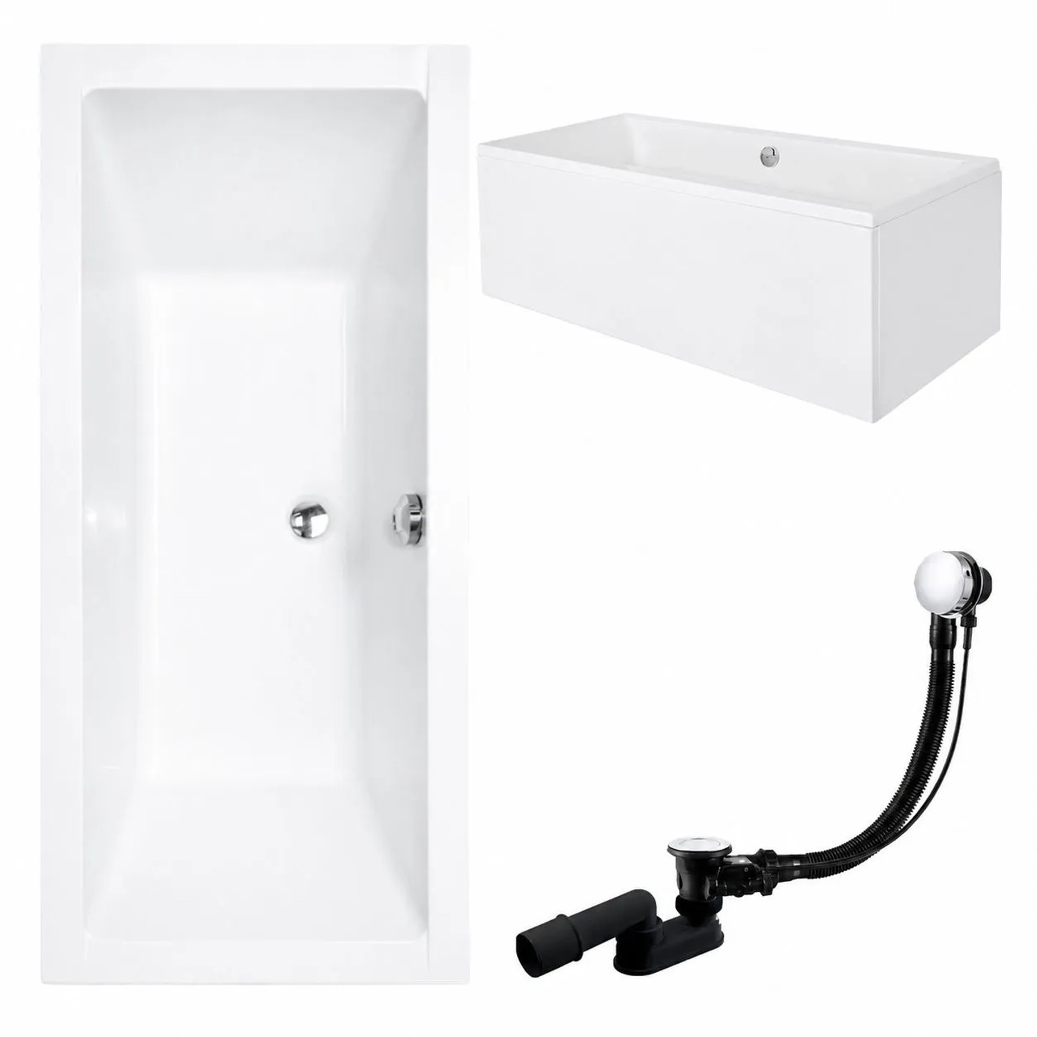 KOLMAN Badewanne Rechteck 180 x 80 Cm Mit Acrylschürze Mit Bambus Badewannenablage Mit Kopfstütze KODI Inkl. Ablauf Und Füße