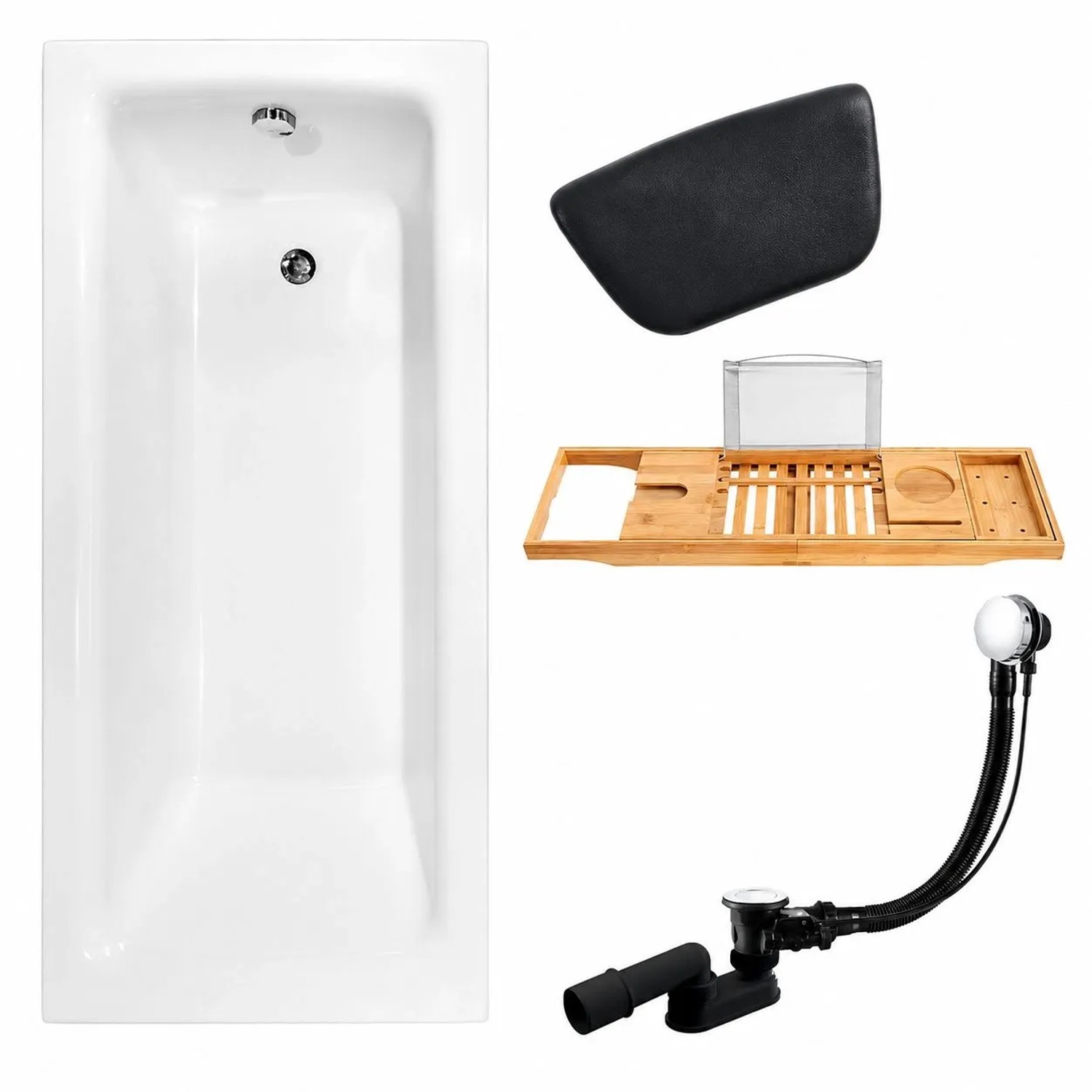 KOLMAN Badewanne Rechteck 110 x 70 Cm Mit Badewannenablage Mit Kopfstütze Inkl. Ablauf Und Füße Mit Bambus-Badewannenablage