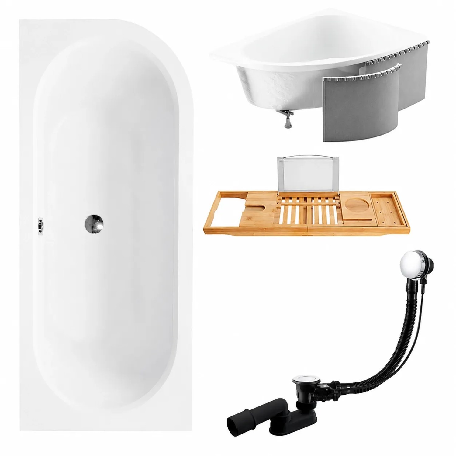 KOLMAN Badewanne Eckwanne 160 x 75 Cm Links Mit Styroporverkleidung Mit Bambus Badewannenablage Inkl. Ablauf Und Füße